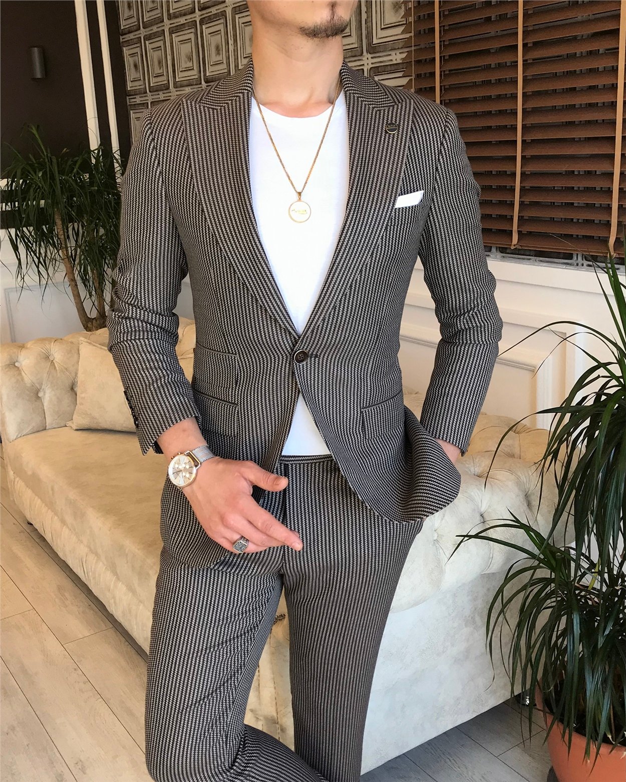 İtalyan stil slim fit erkek ceket pantolon takım elbise kahverengi T6095