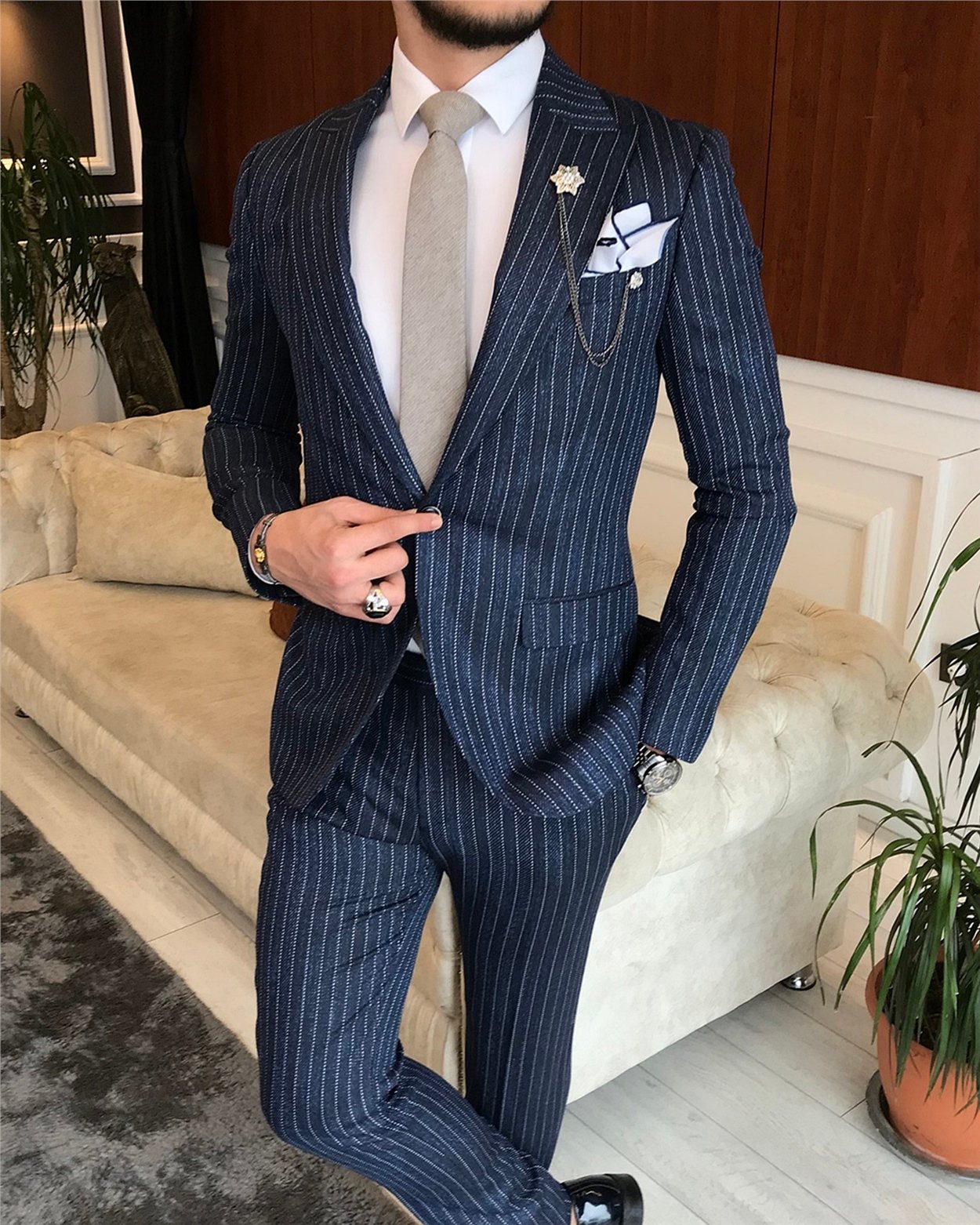 İtalyan stil slim fit erkek ceket pantolon takım elbise lacivert T6483