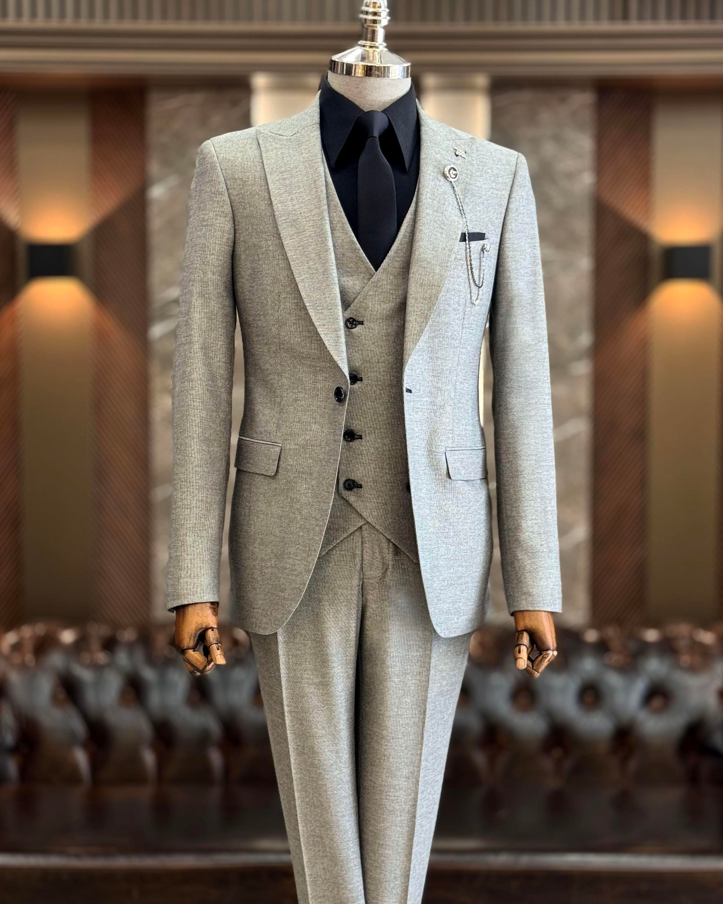 İtalyan stil slim fit erkek ceket yelek pantolon takım elbise Gri T9933