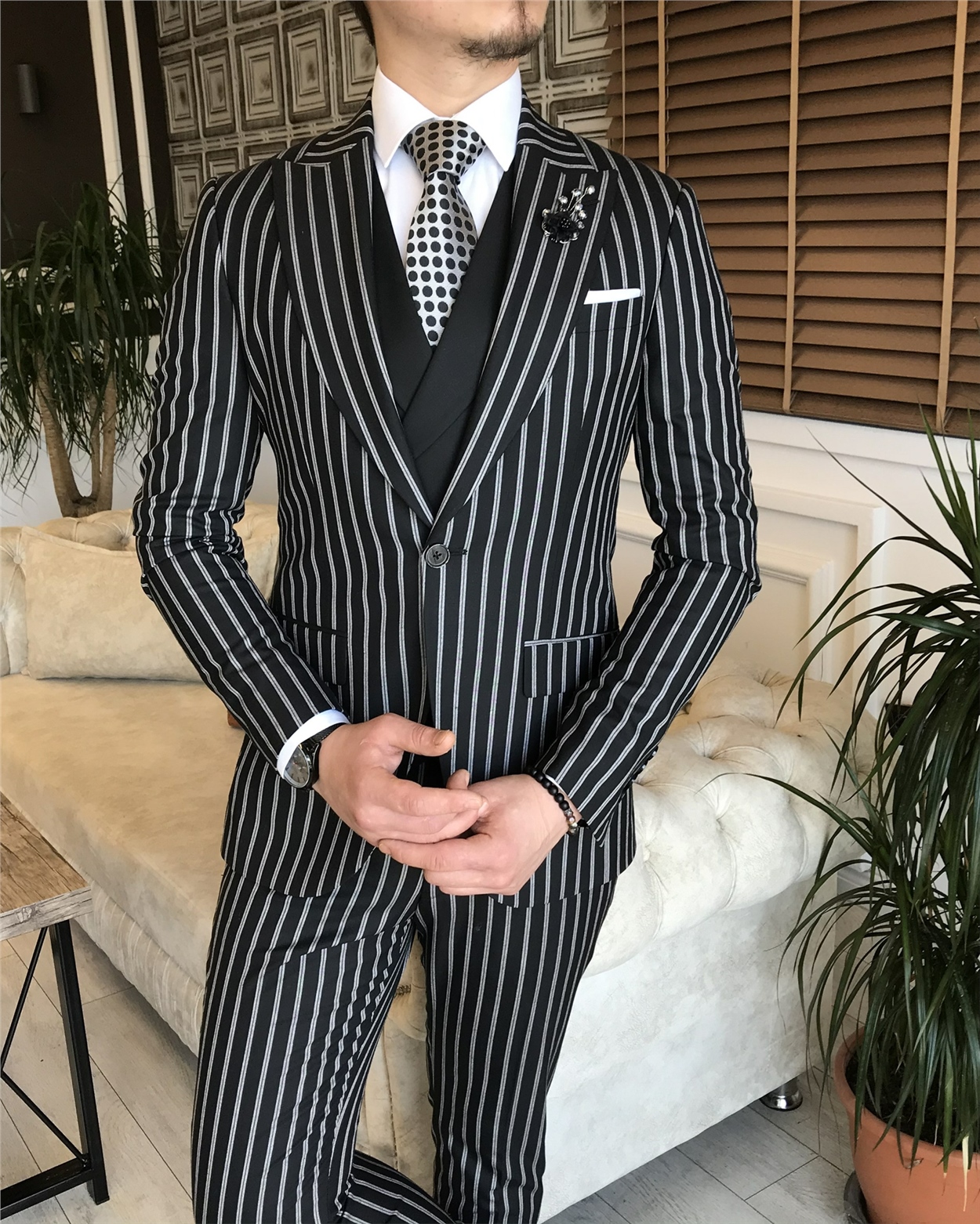 İtalyan stil slim fit erkek ceket yelek pantolon takım elbise siyah T5938