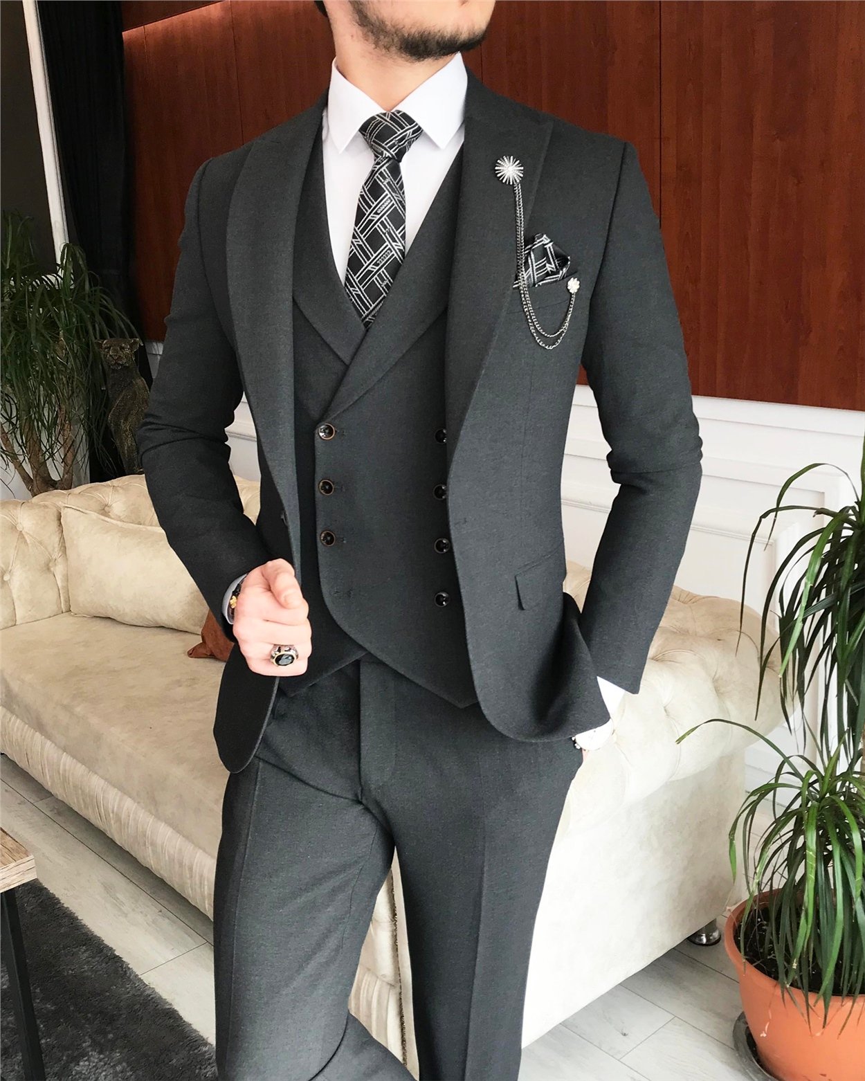 İtalyan stil slim fit erkek ceket yelek pantolon takım elbise antrasit T6645