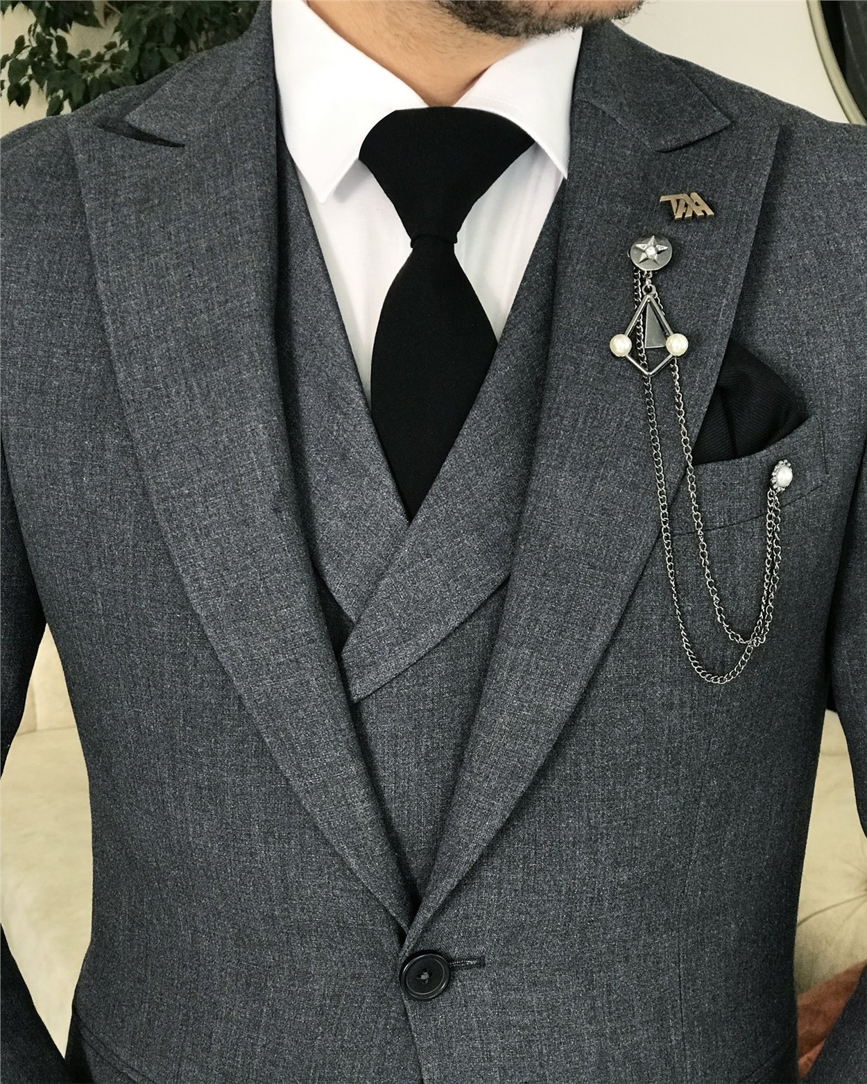 İtalyan stil slim fit erkek ceket yelek pantolon takım elbise Gri T8248