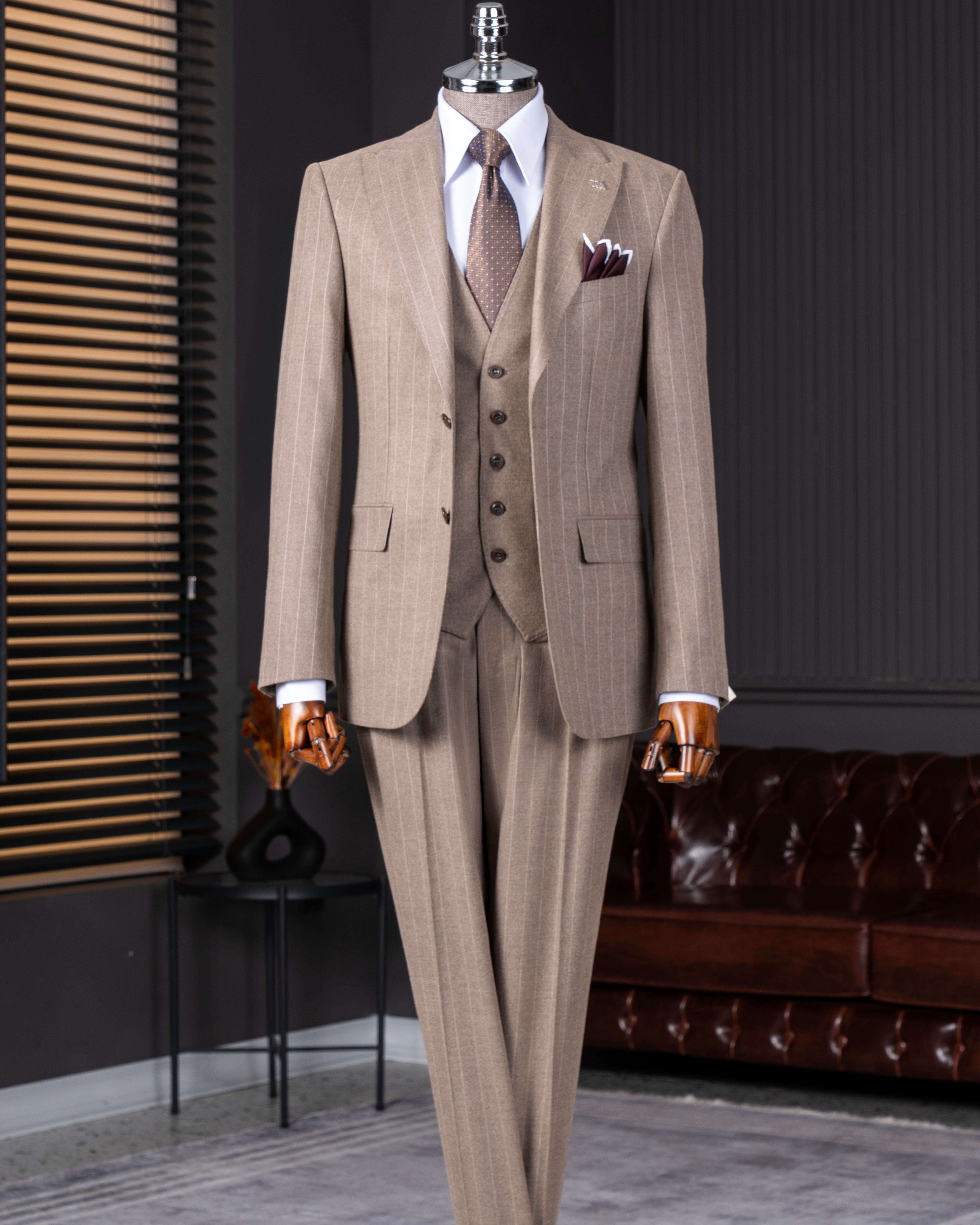 İtalyan stil slim fit erkek ceket yelek pantolon takım elbise vizon T14648