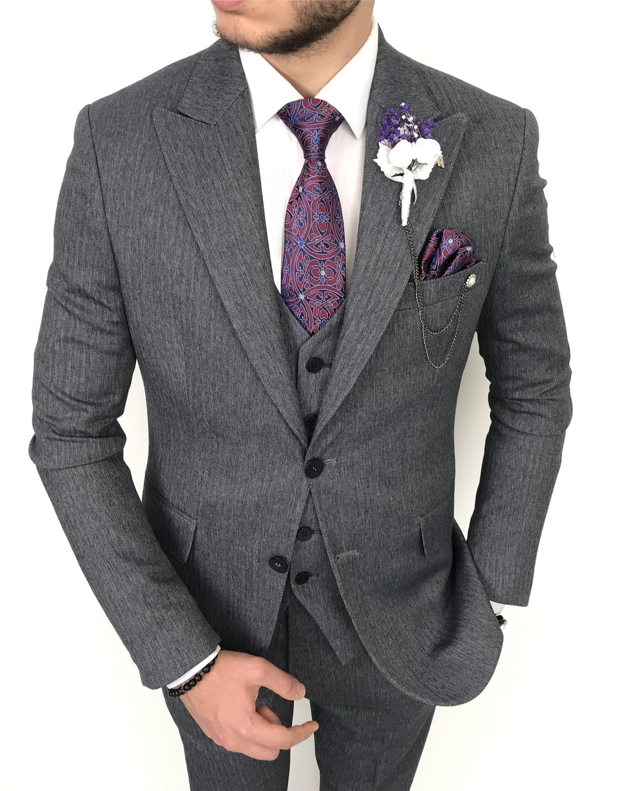 İtalyan stil slim fit erkek ceket yelek pantolon takım elbise Lacivert T8079