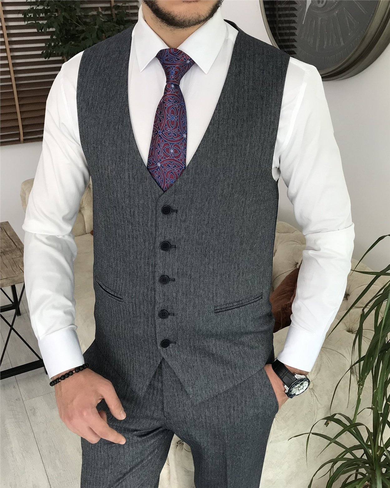 İtalyan stil slim fit erkek ceket yelek pantolon takım elbise Lacivert T8079