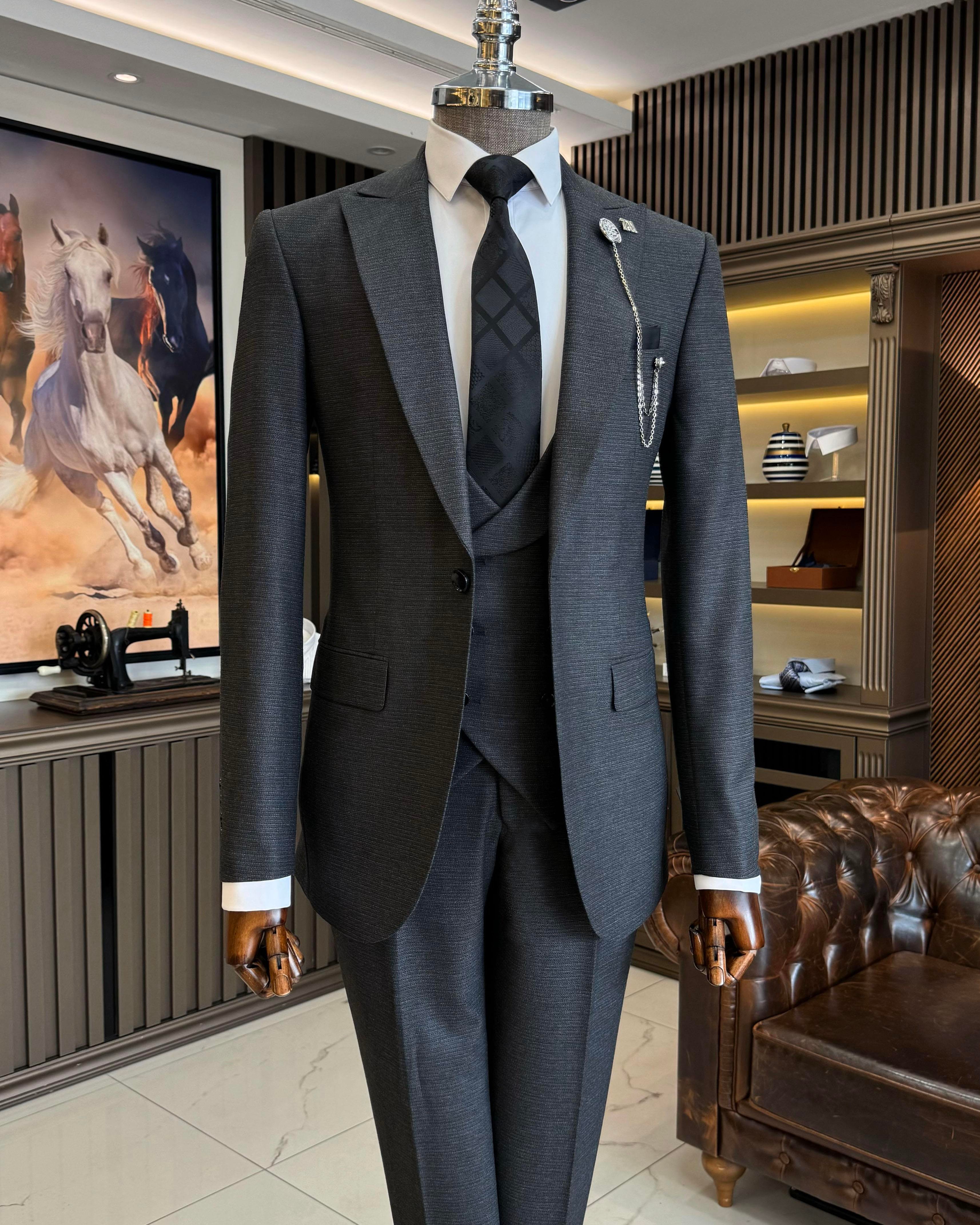 İtalyan stil slim fit erkek ceket yelek pantolon takım elbise siyah T11028