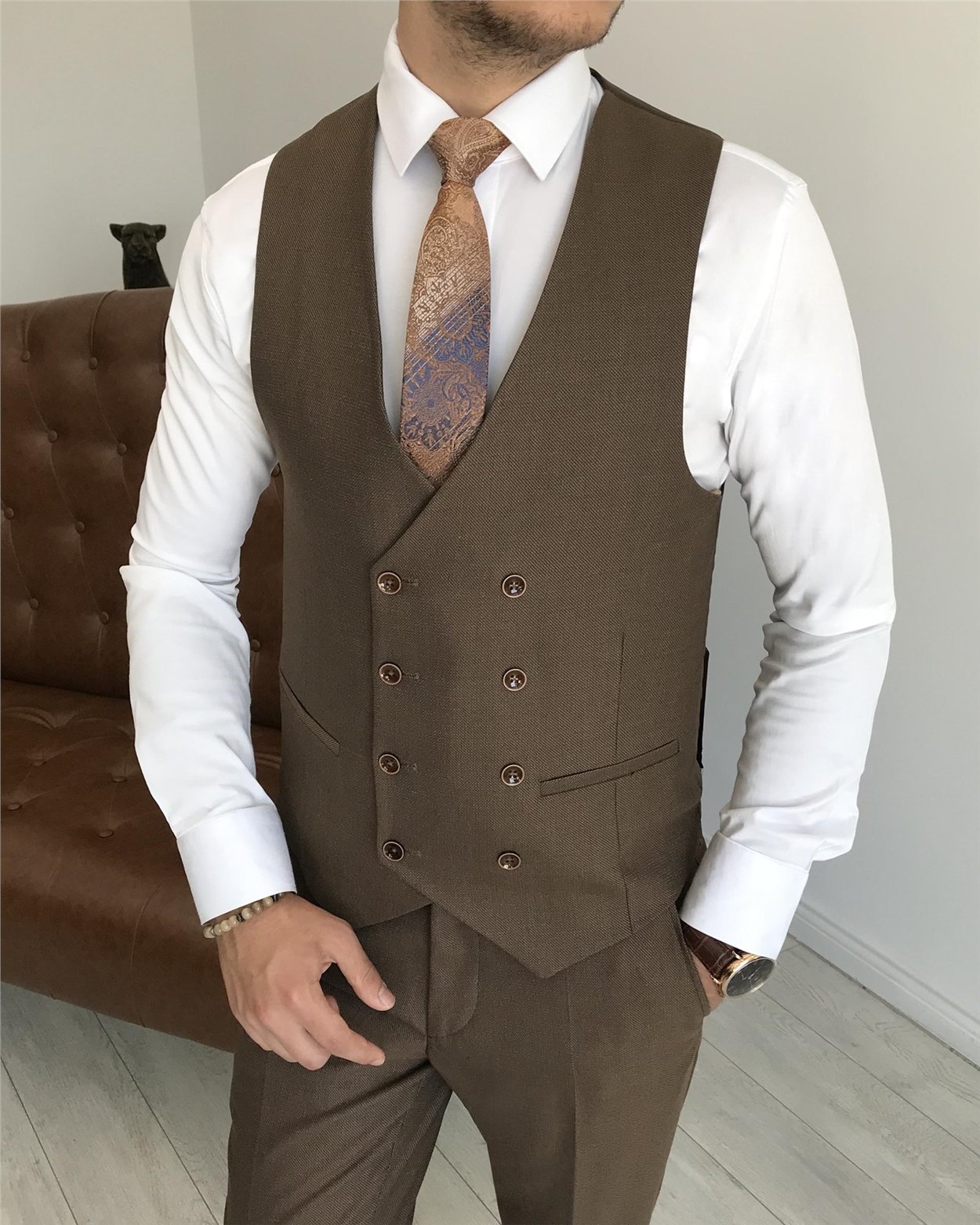 İtalyan stil slim fit erkek ceket yelek pantolon takım elbise Kahverengi T7613