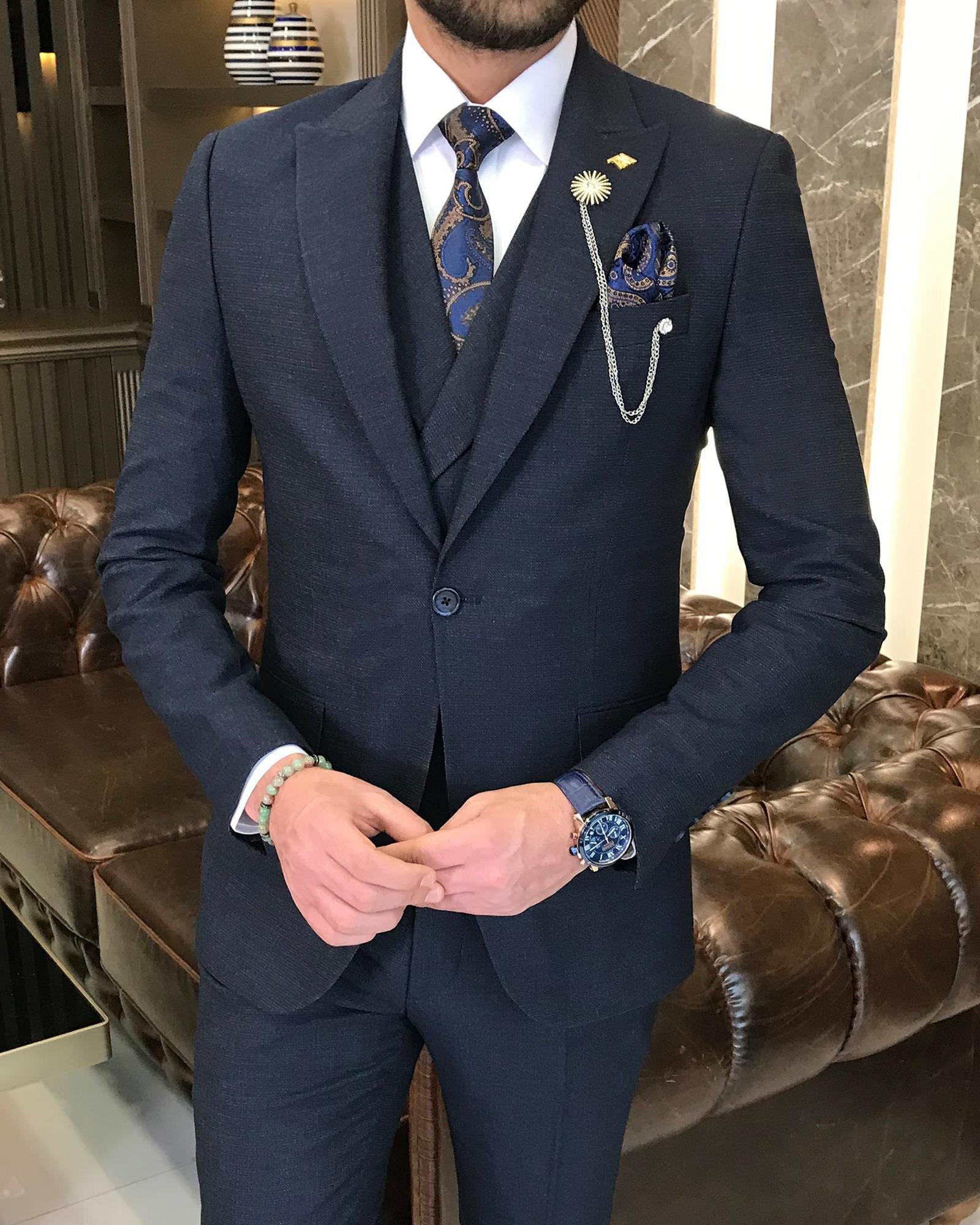 İtalyan stil slim fit erkek ceket yelek pantolon takım elbise lacivert T9118
