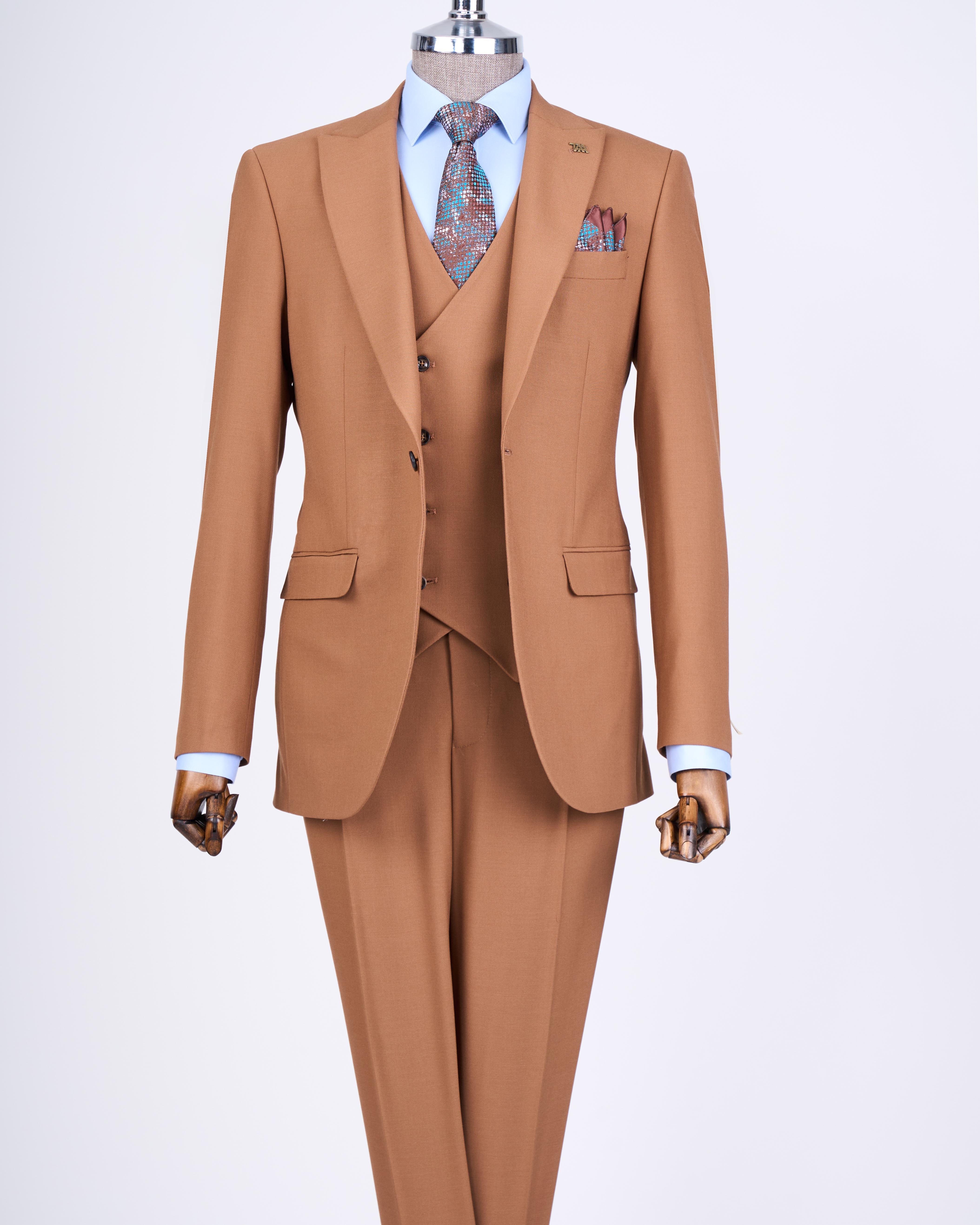 Italian style slim fit men's jacket vest pants suit tan T12978