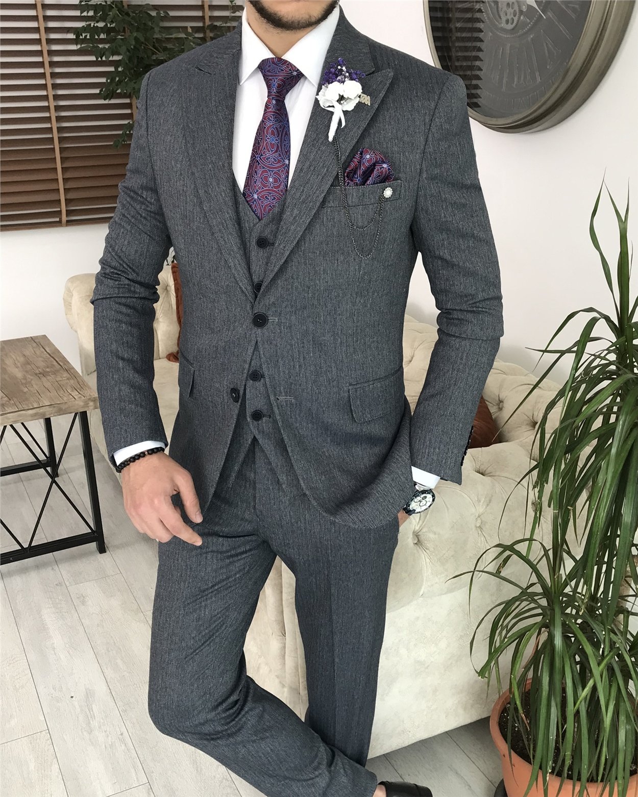İtalyan stil slim fit erkek ceket yelek pantolon takım elbise Lacivert T8079