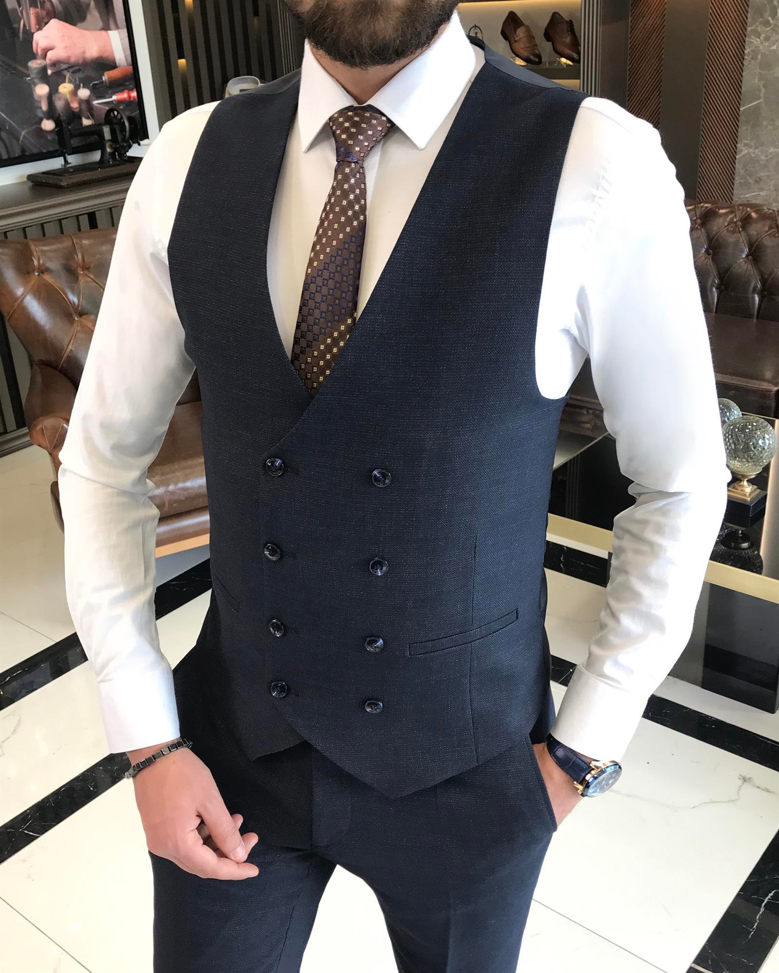 İtalyan stil slim fit erkek ceket yelek pantolon takım elbise lacivert T9525