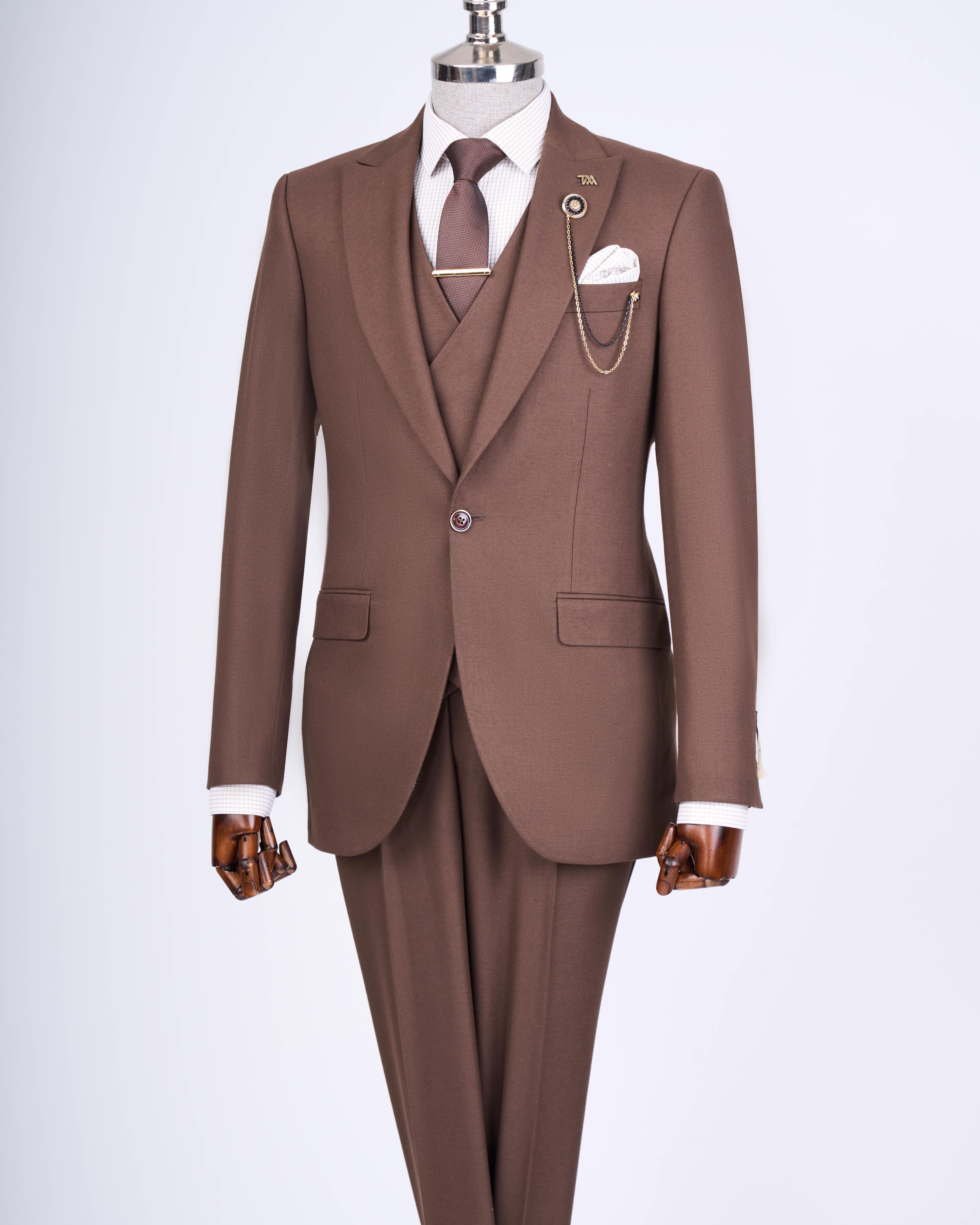 Italian style slim fit men's jacket vest pants suit brown T13463
