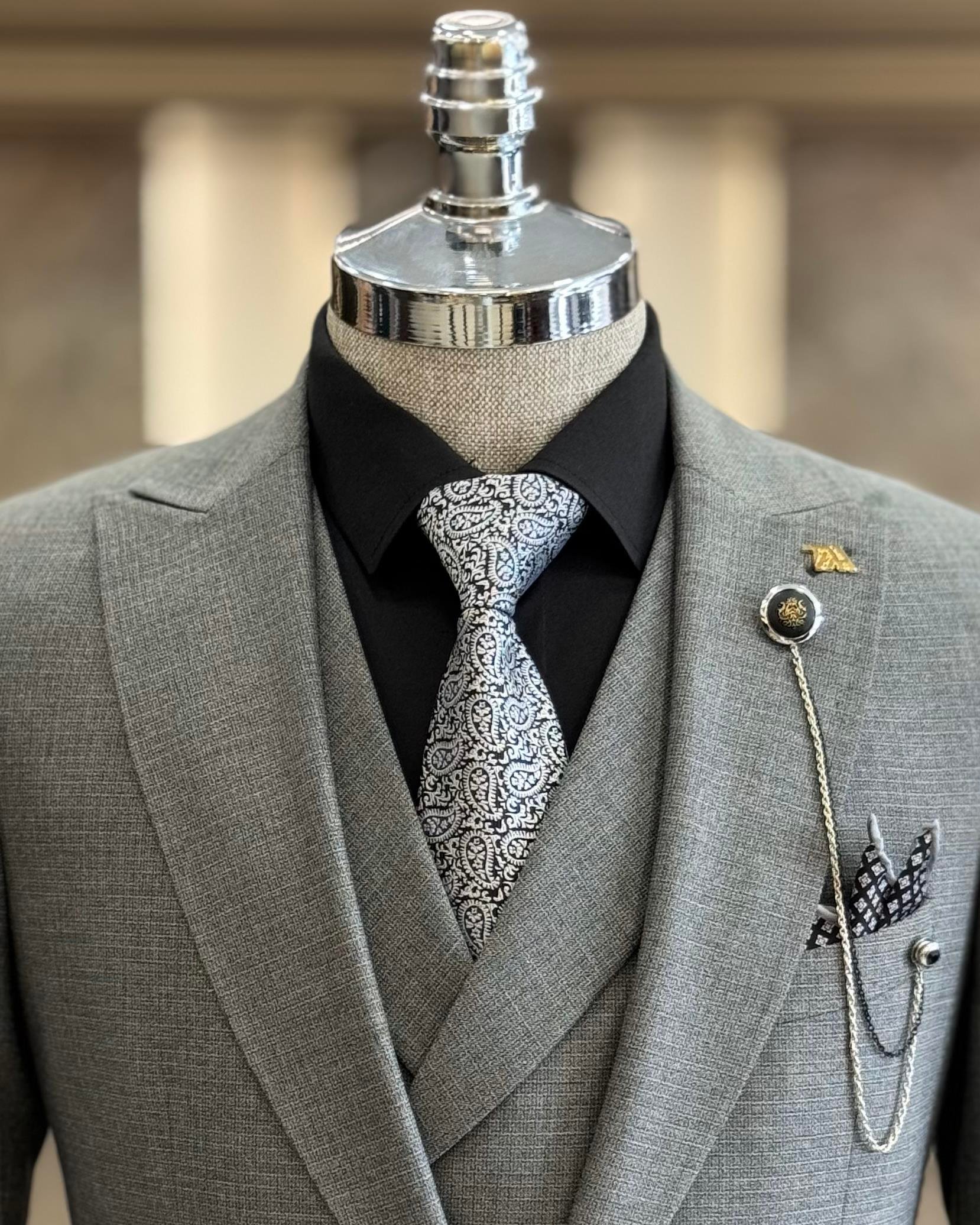 Italian style slim fit men's jacket vest trouser suit Gray T10785