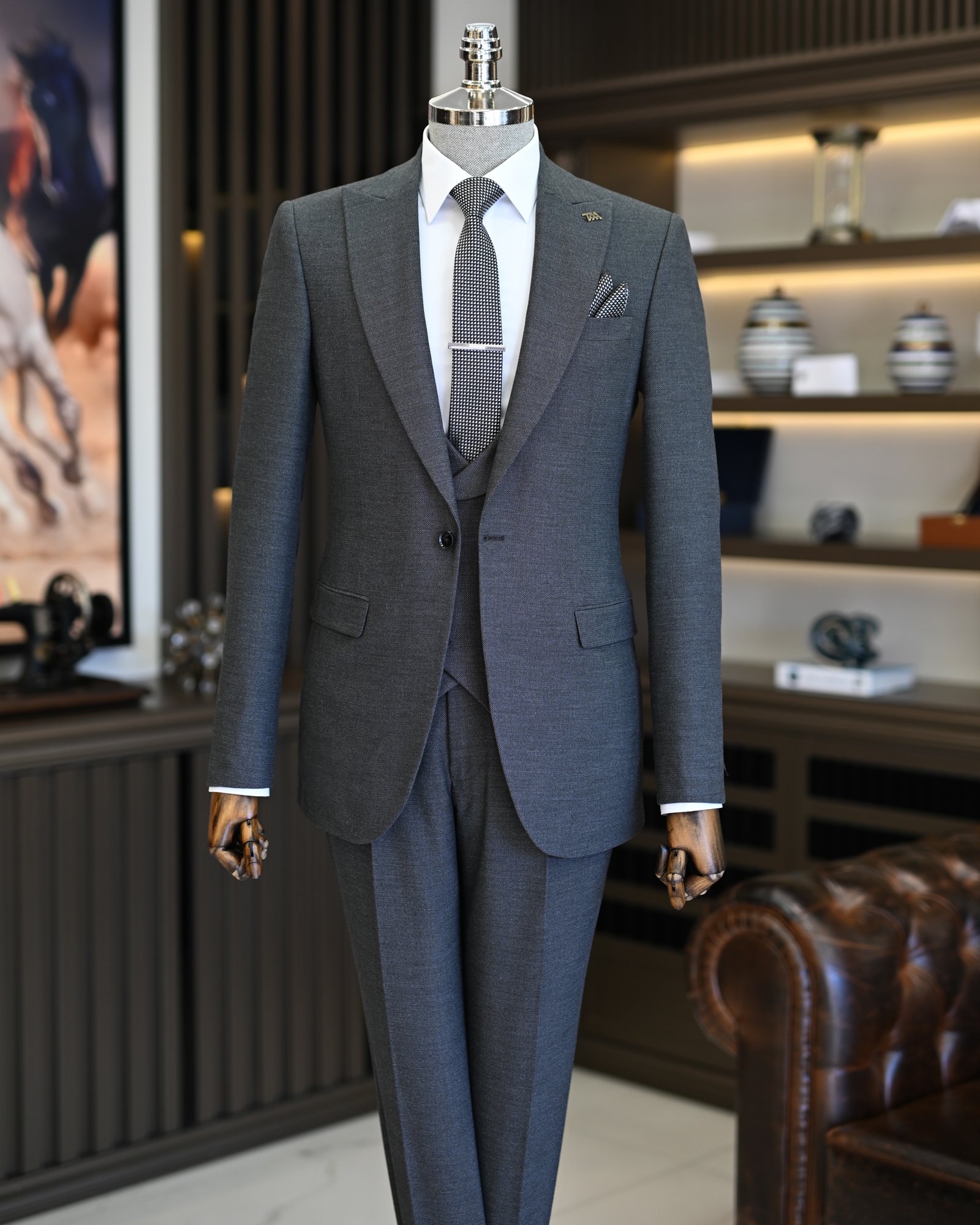 Italian style slim fit men's jacket vest trouser suit gray T11025