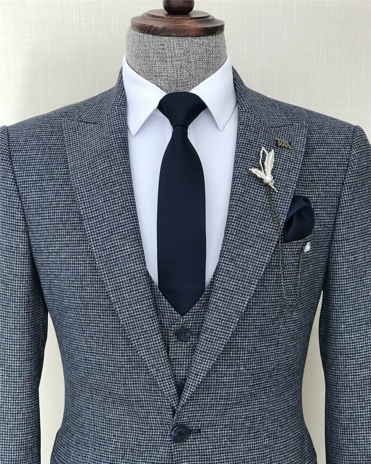 İtalyan stil slim fit erkek ceket yelek pantolon takım elbise Lacivert T8431