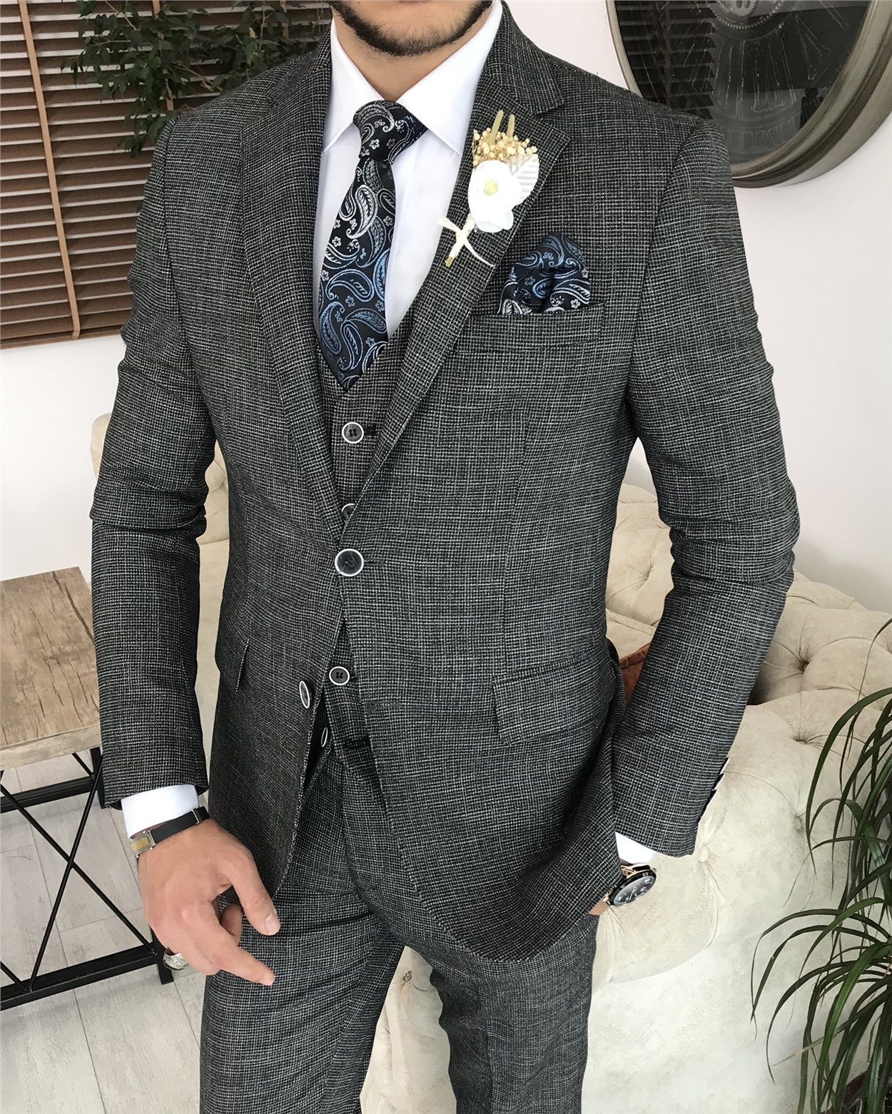 İtalyan stil slim fit erkek ceket yelek pantolon takım elbise Siyah T8075