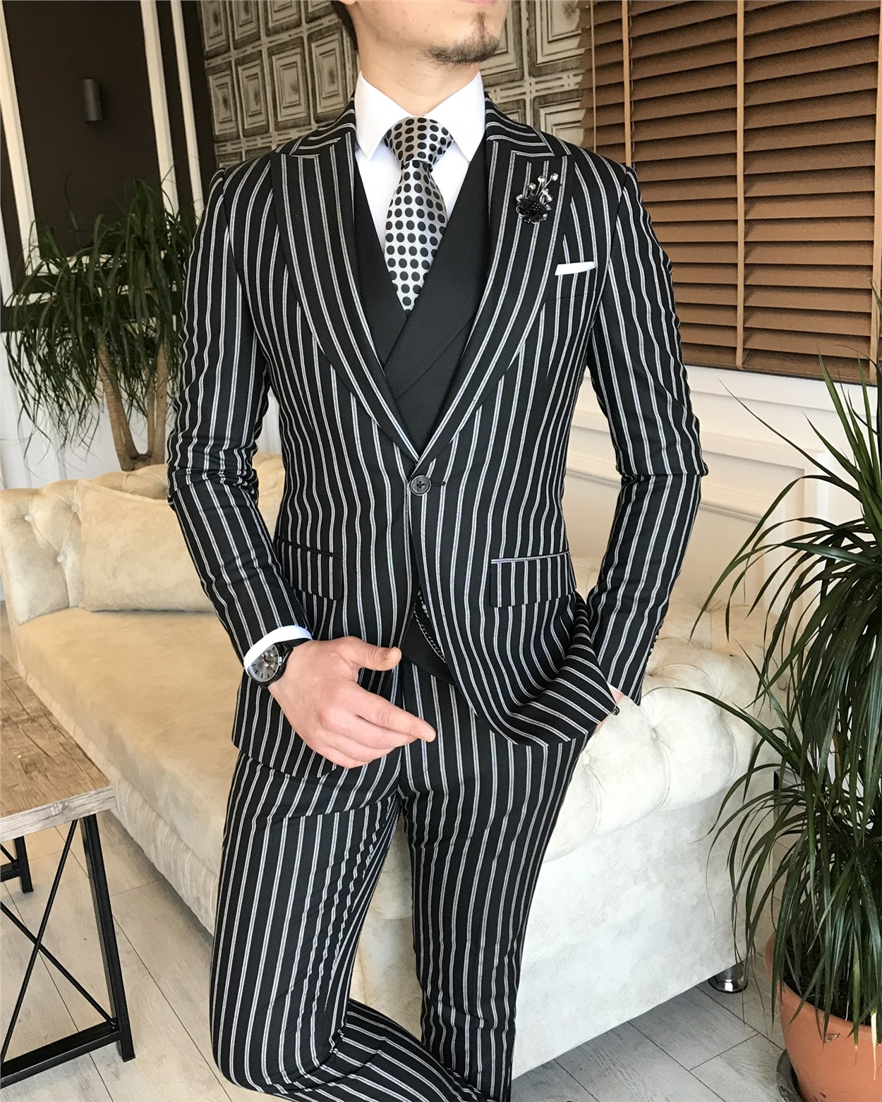 İtalyan stil slim fit erkek ceket yelek pantolon takım elbise siyah T5938