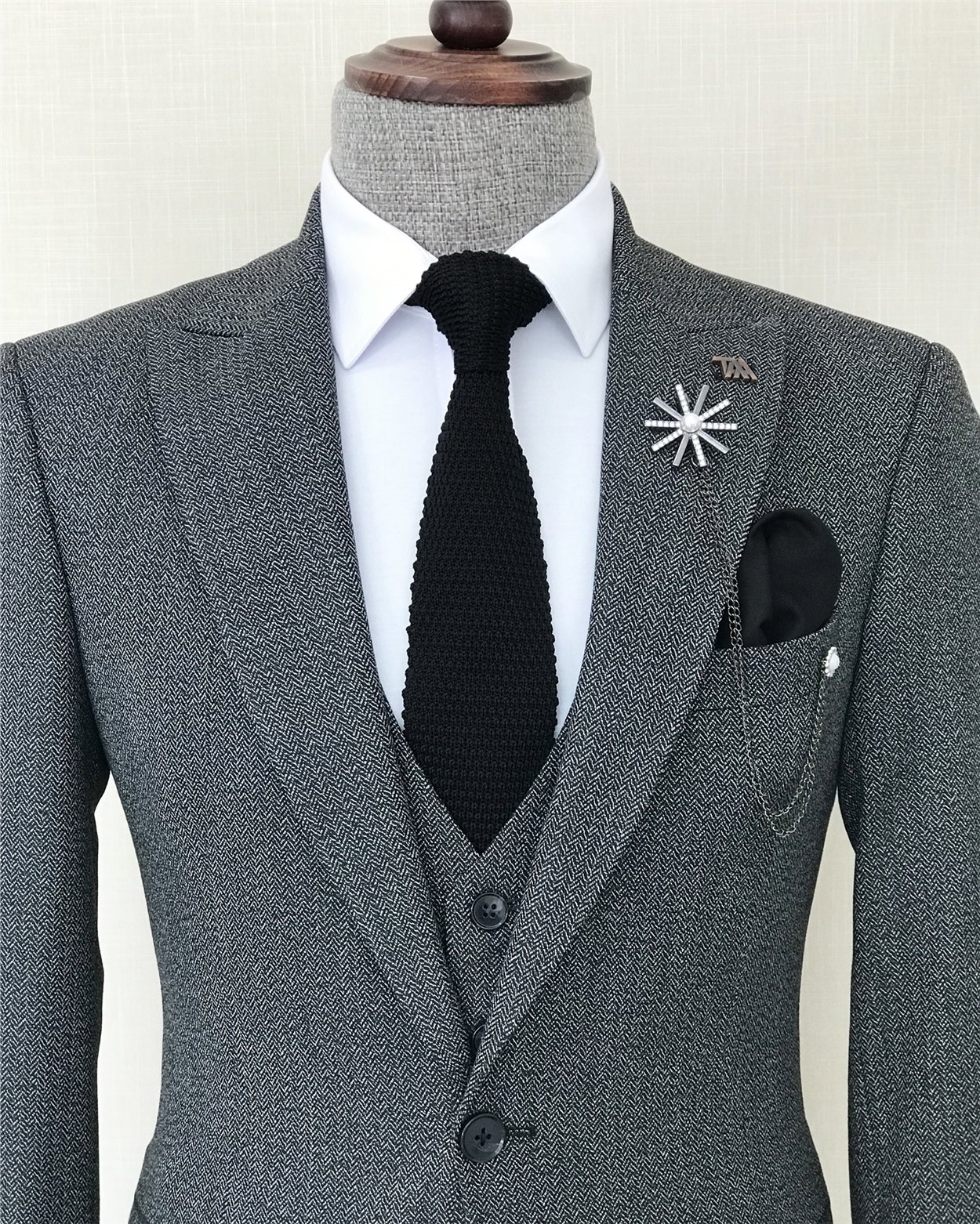 İtalyan stil slim fit erkek ceket yelek pantolon takım elbise Siyah T8429