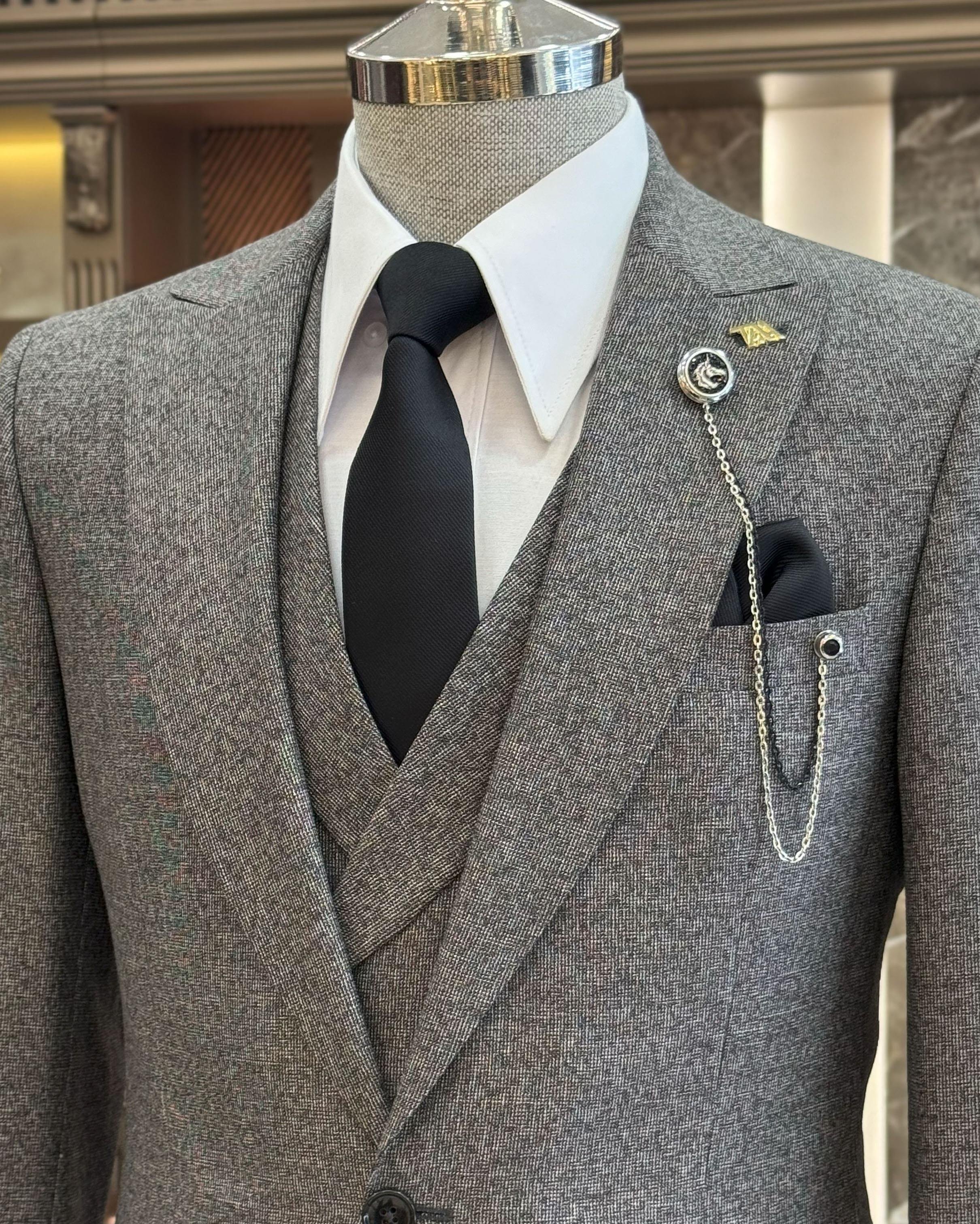 İtalyan stil slim fit erkek ceket yelek pantolon takım elbise kahverengi T11018