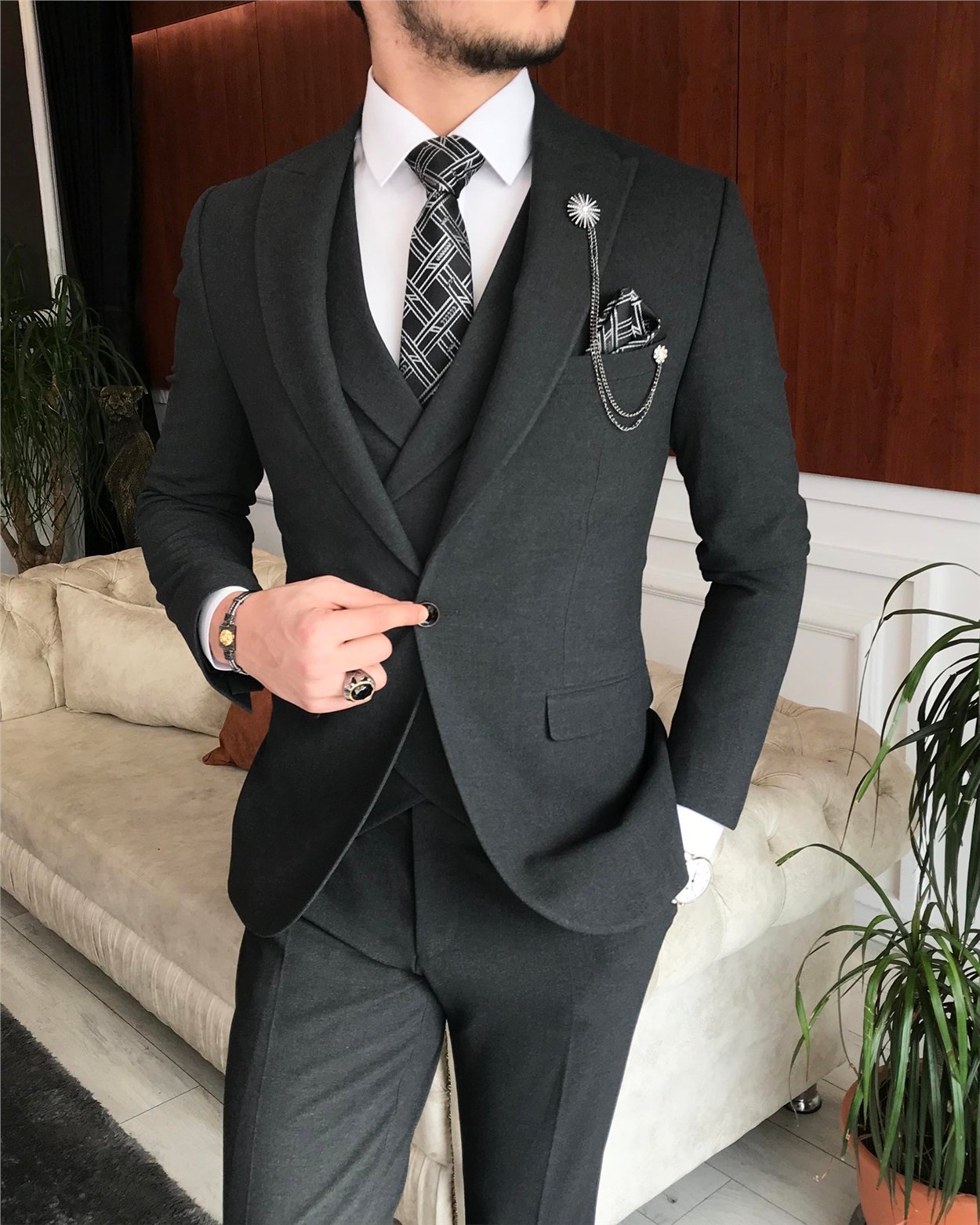 İtalyan stil slim fit erkek ceket yelek pantolon takım elbise antrasit T6645