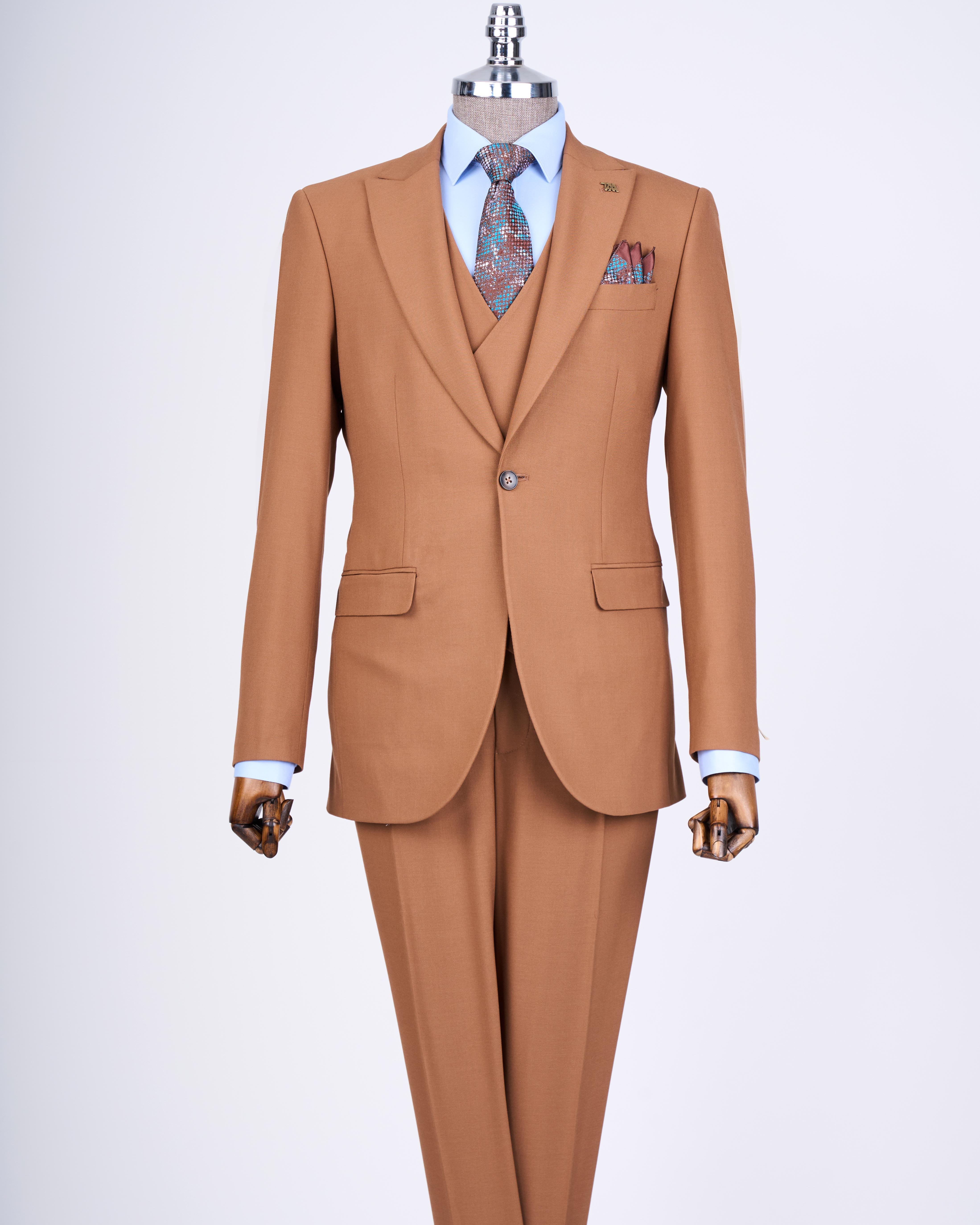 Italian style slim fit men's jacket vest pants suit tan T12978