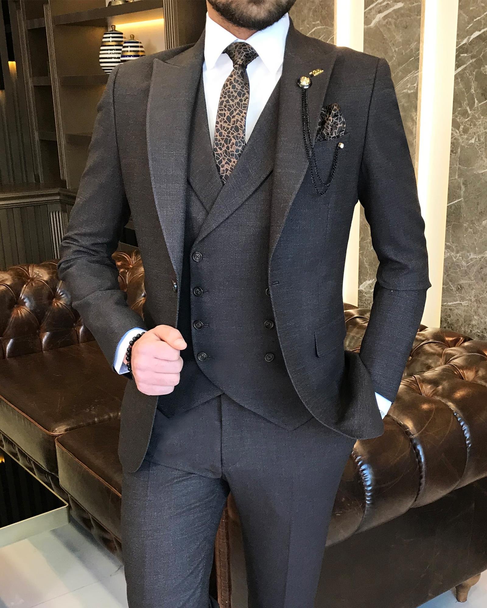 Italian style slim fit men's jacket vest pant suit brown T9133