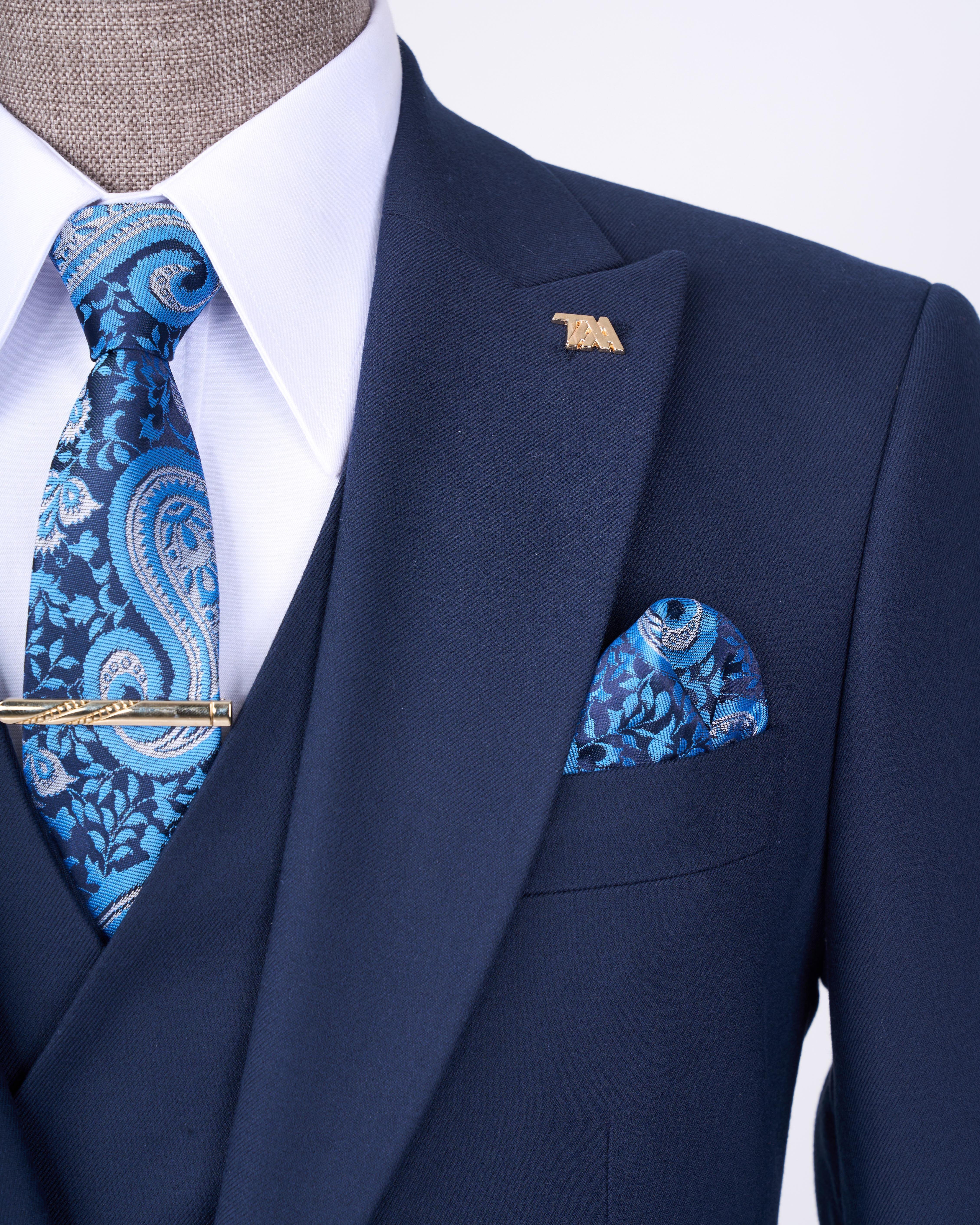 Italian style slim fit men's jacket vest pants suit navy blue T13466