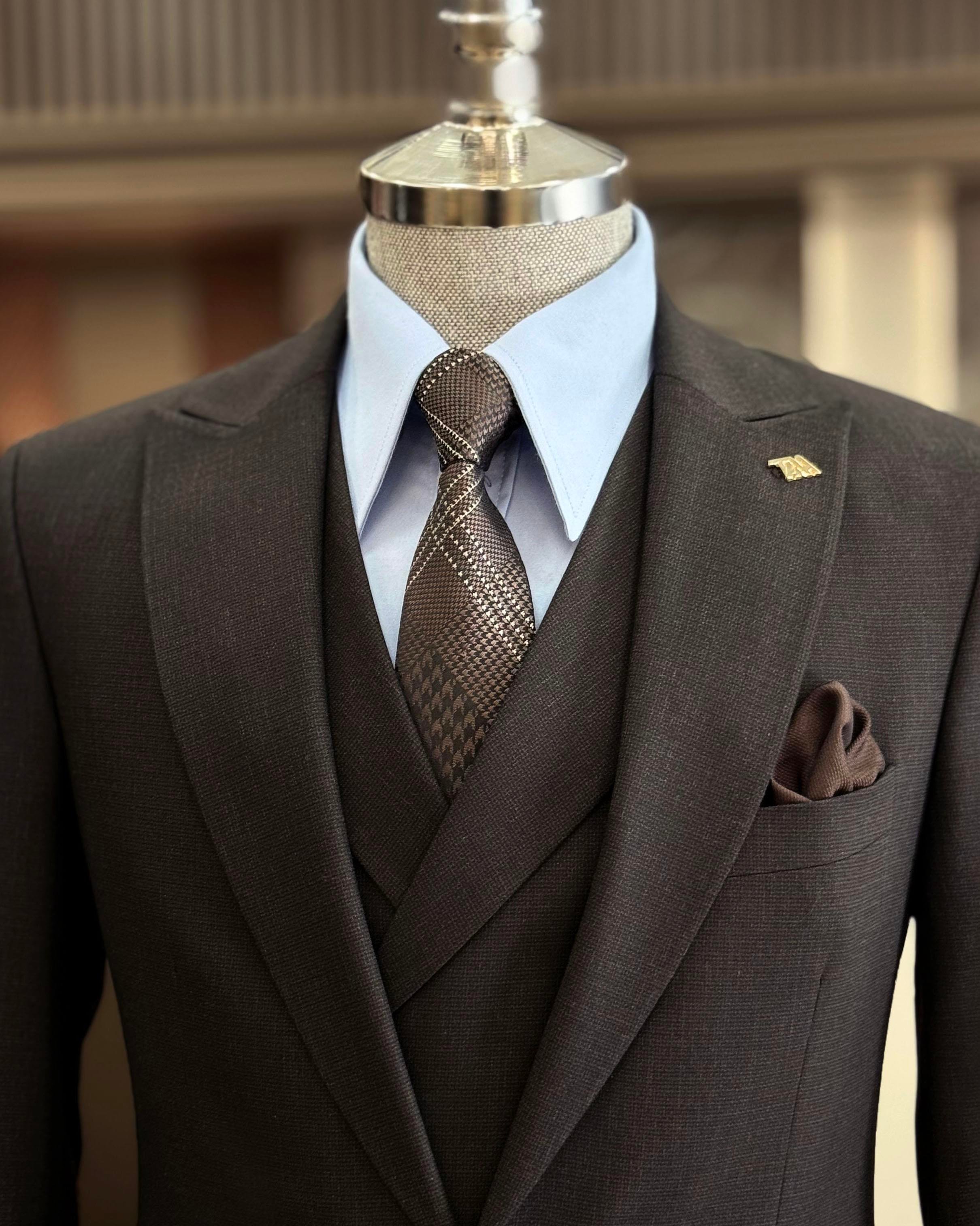 İtalyan stil slim fit erkek ceket yelek pantolon takım elbise kahverengi T10784