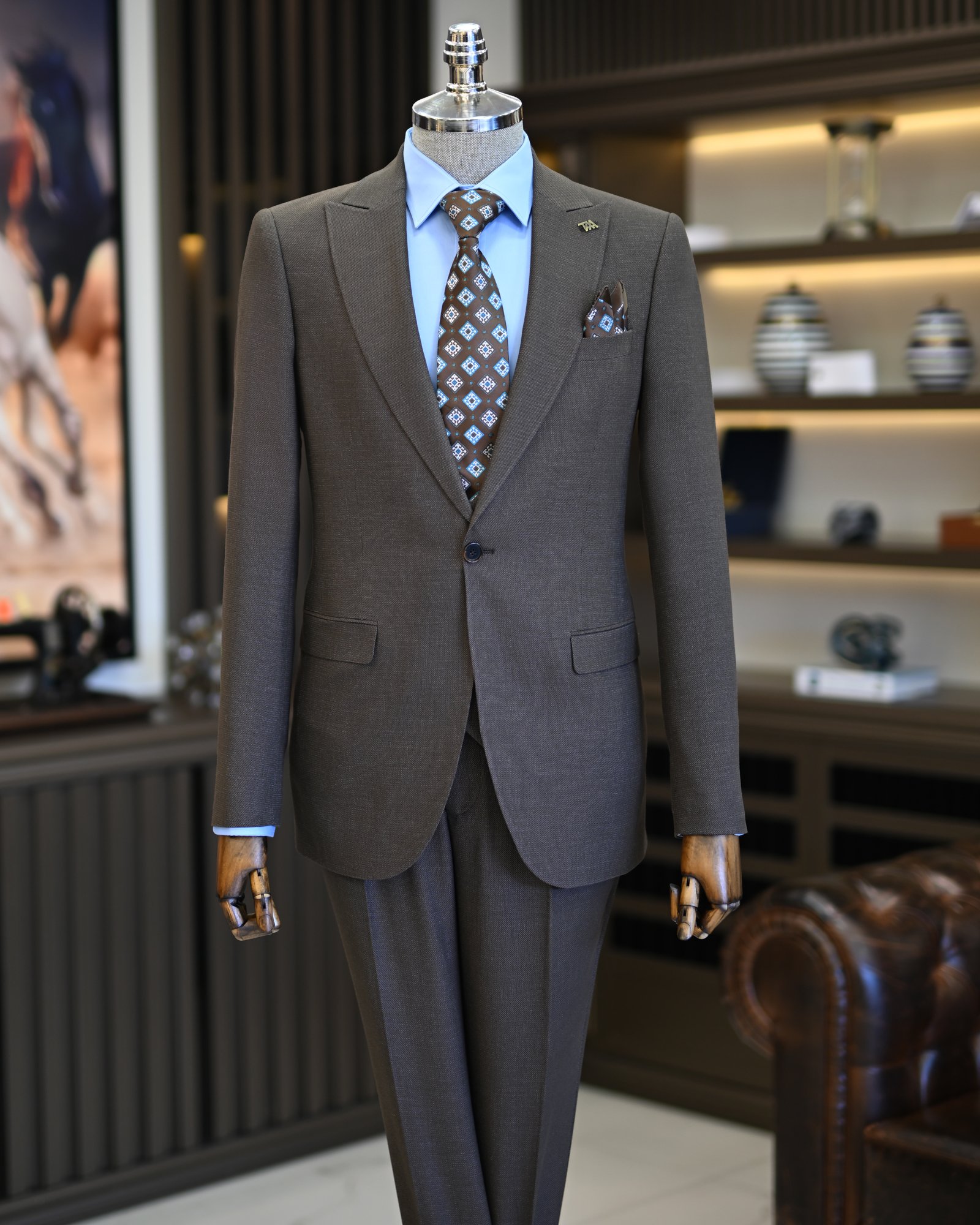 İtalyan stil slim fit erkek ceket yelek pantolon takım elbise kahverengi T11021