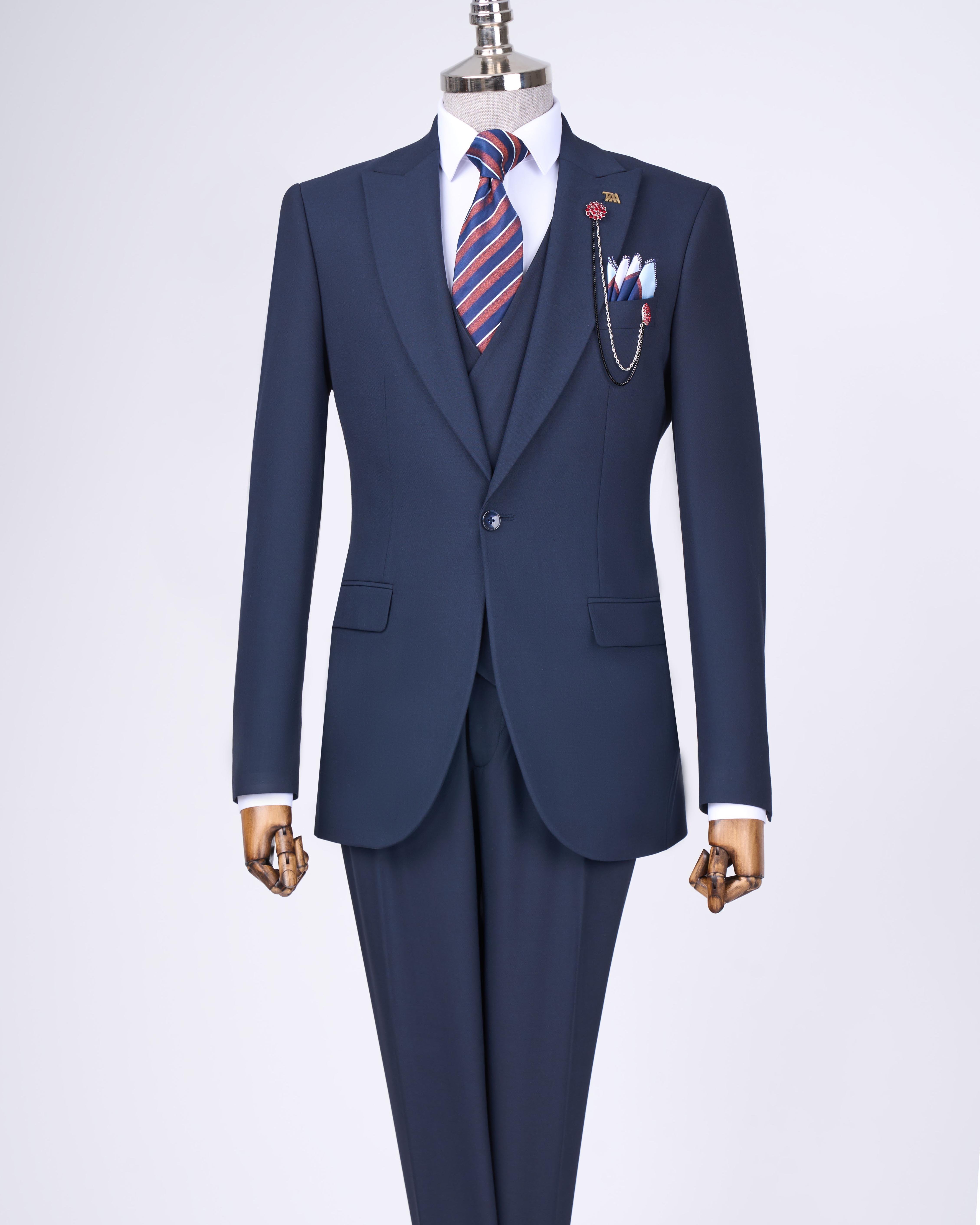 Italian style slim fit men's jacket vest pants suit navy blue T12994