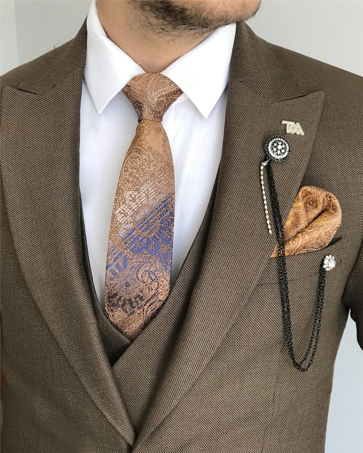 İtalyan stil slim fit erkek ceket yelek pantolon takım elbise Kahverengi T7613