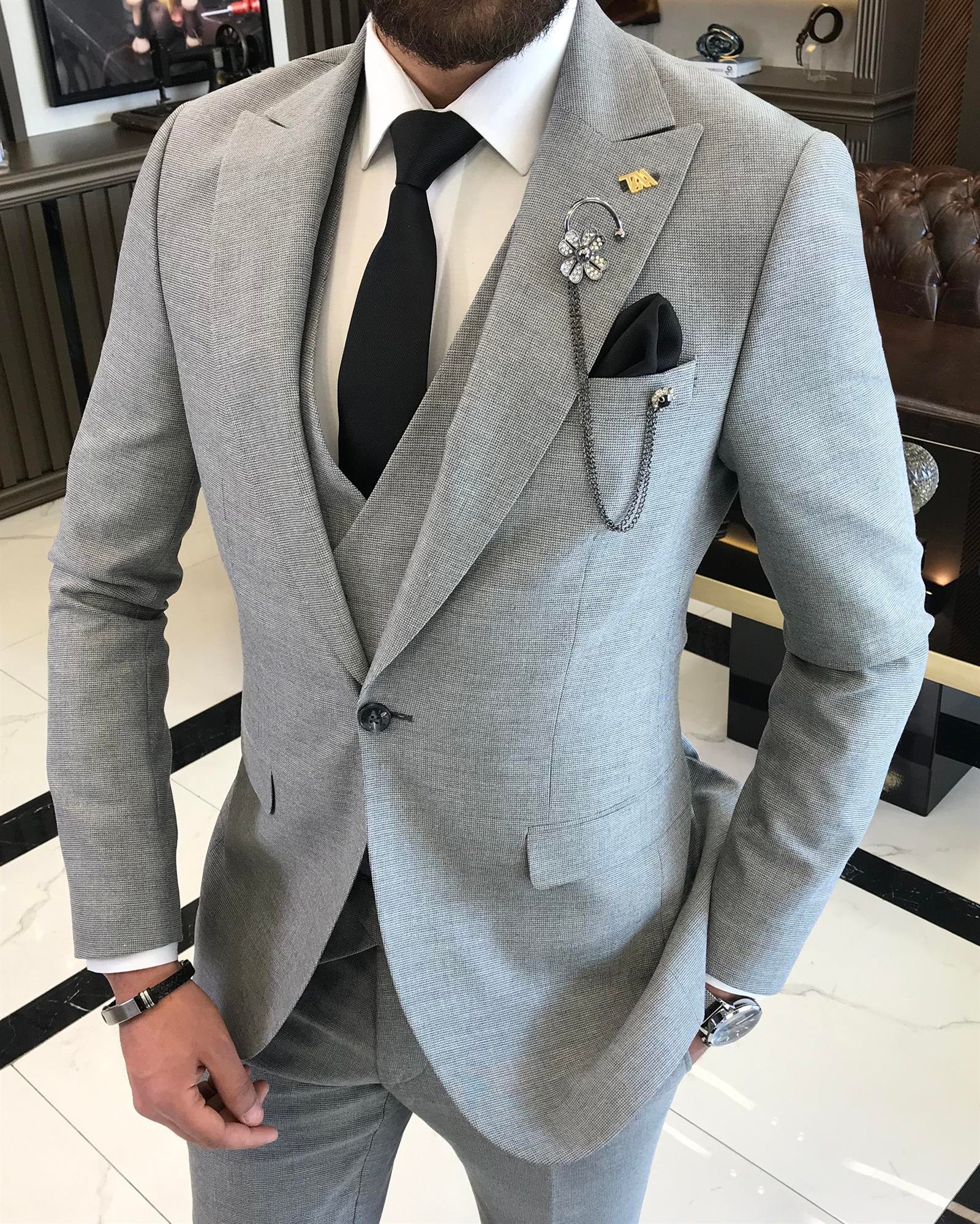 Italian style slim fit men's jacket vest pant suit gray T9523