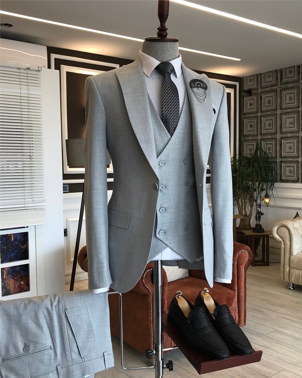 İtalyan stil slim fit erkek ceket yelek pantolon takım elbise Gri T5898