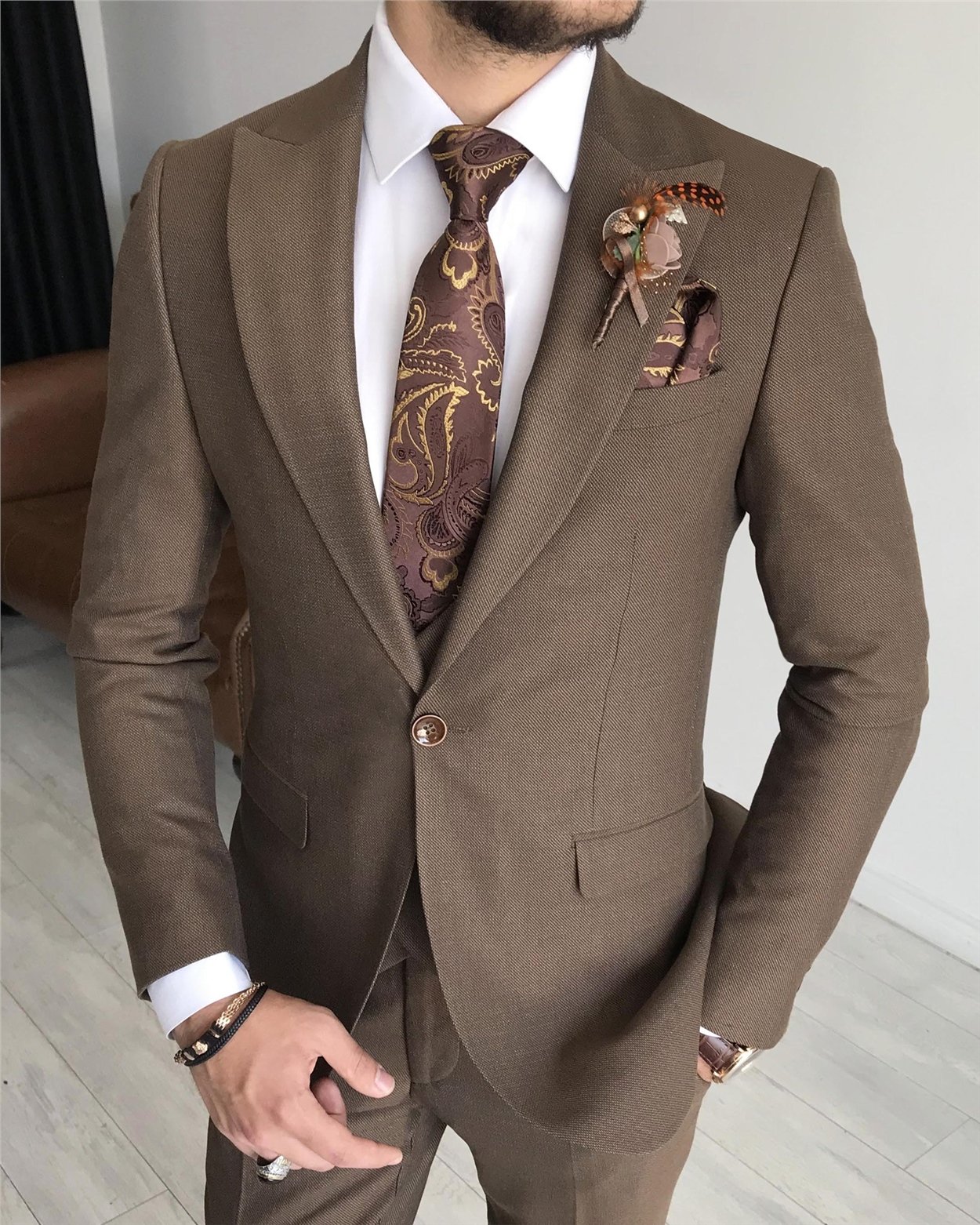 İtalyan stil slim fit erkek ceket yelek pantolon takım elbise Kahverengi T7627
