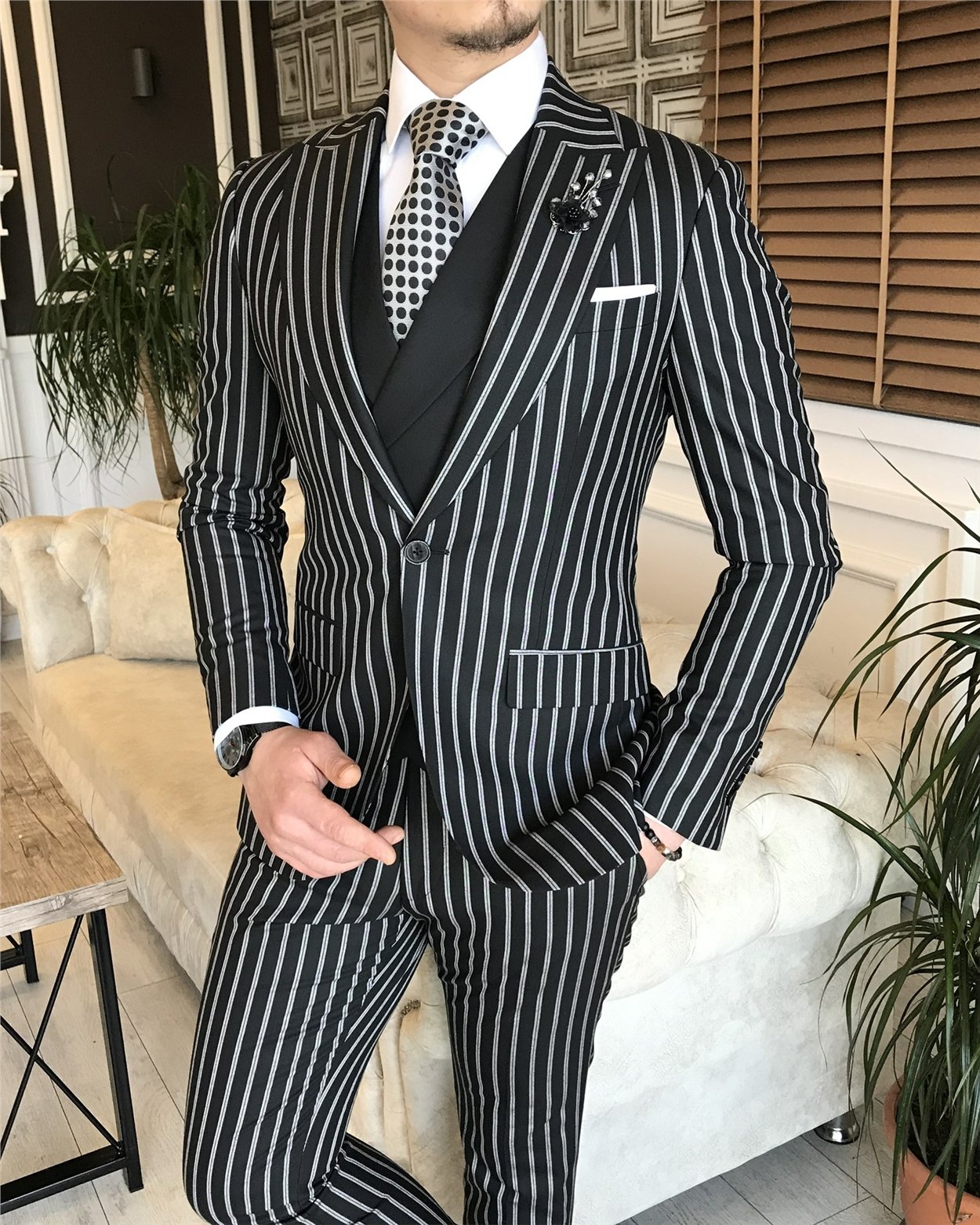 İtalyan stil slim fit erkek ceket yelek pantolon takım elbise siyah T5938