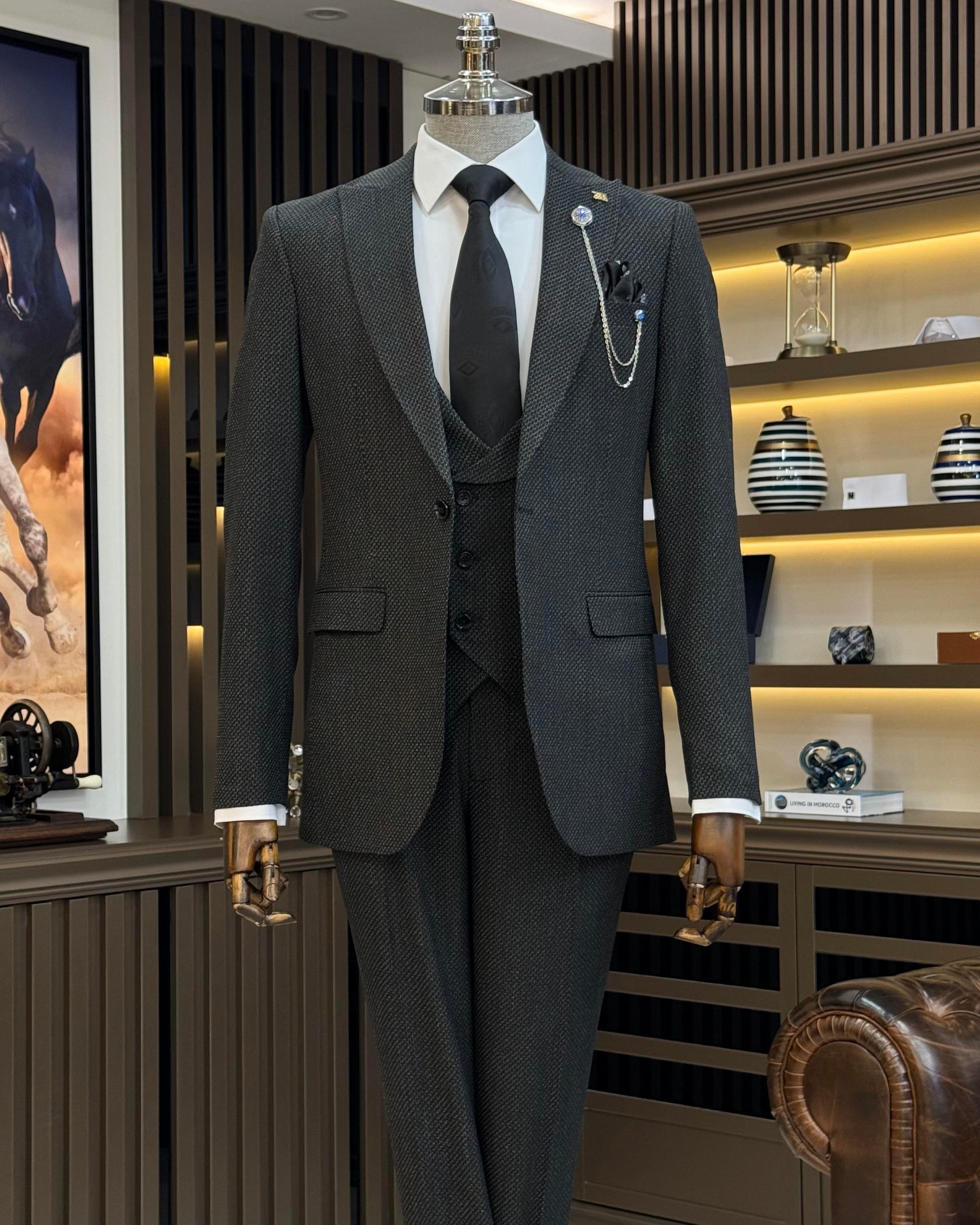  Italian style slim fit men's jacket vest trouser suit black T11027