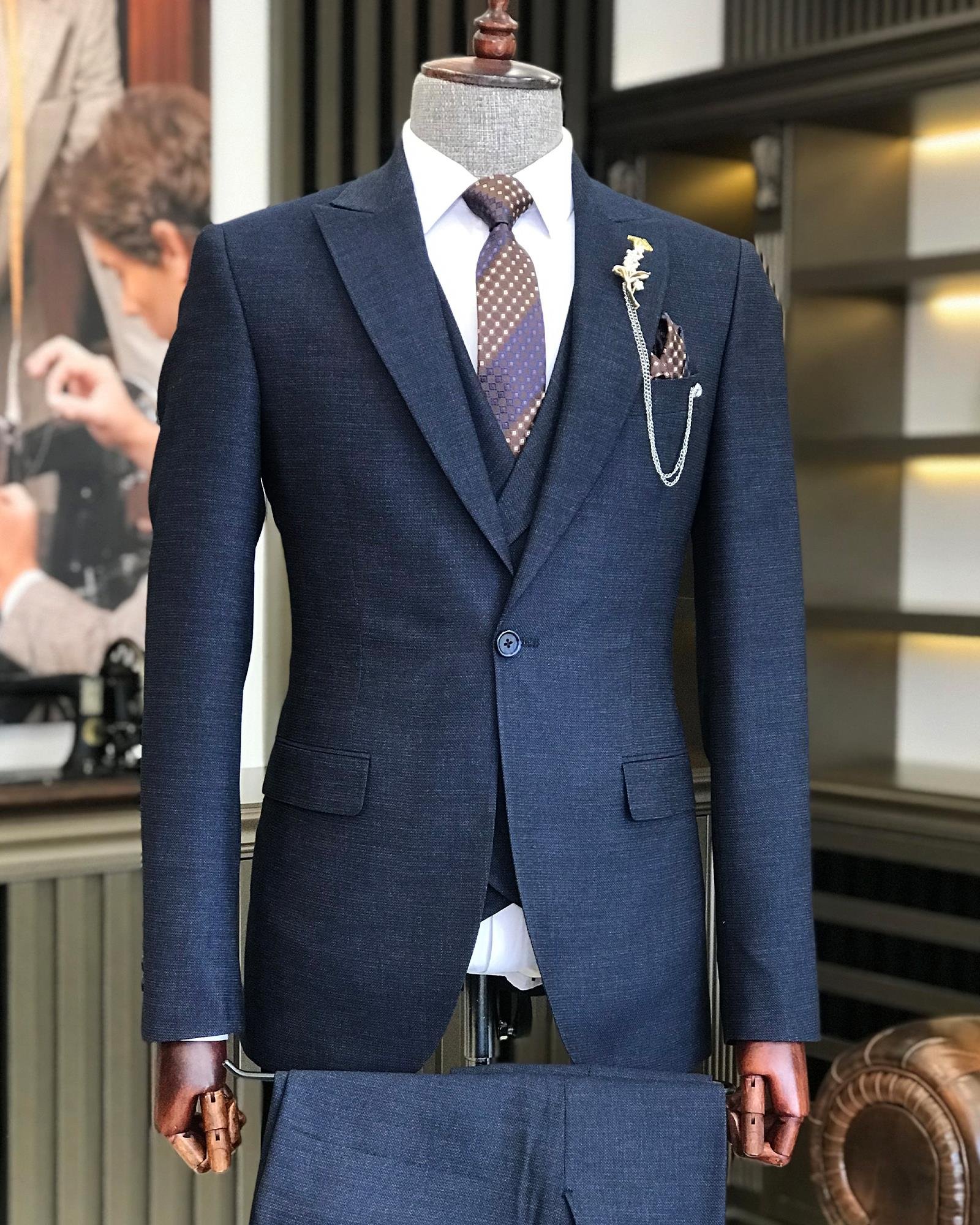 İtalyan stil slim fit erkek ceket yelek pantolon takım elbise lacivert T9118
