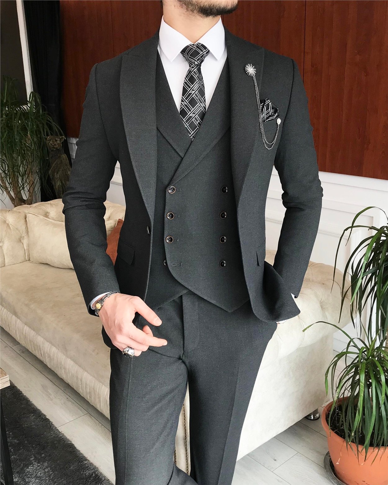 İtalyan stil slim fit erkek ceket yelek pantolon takım elbise antrasit T6645