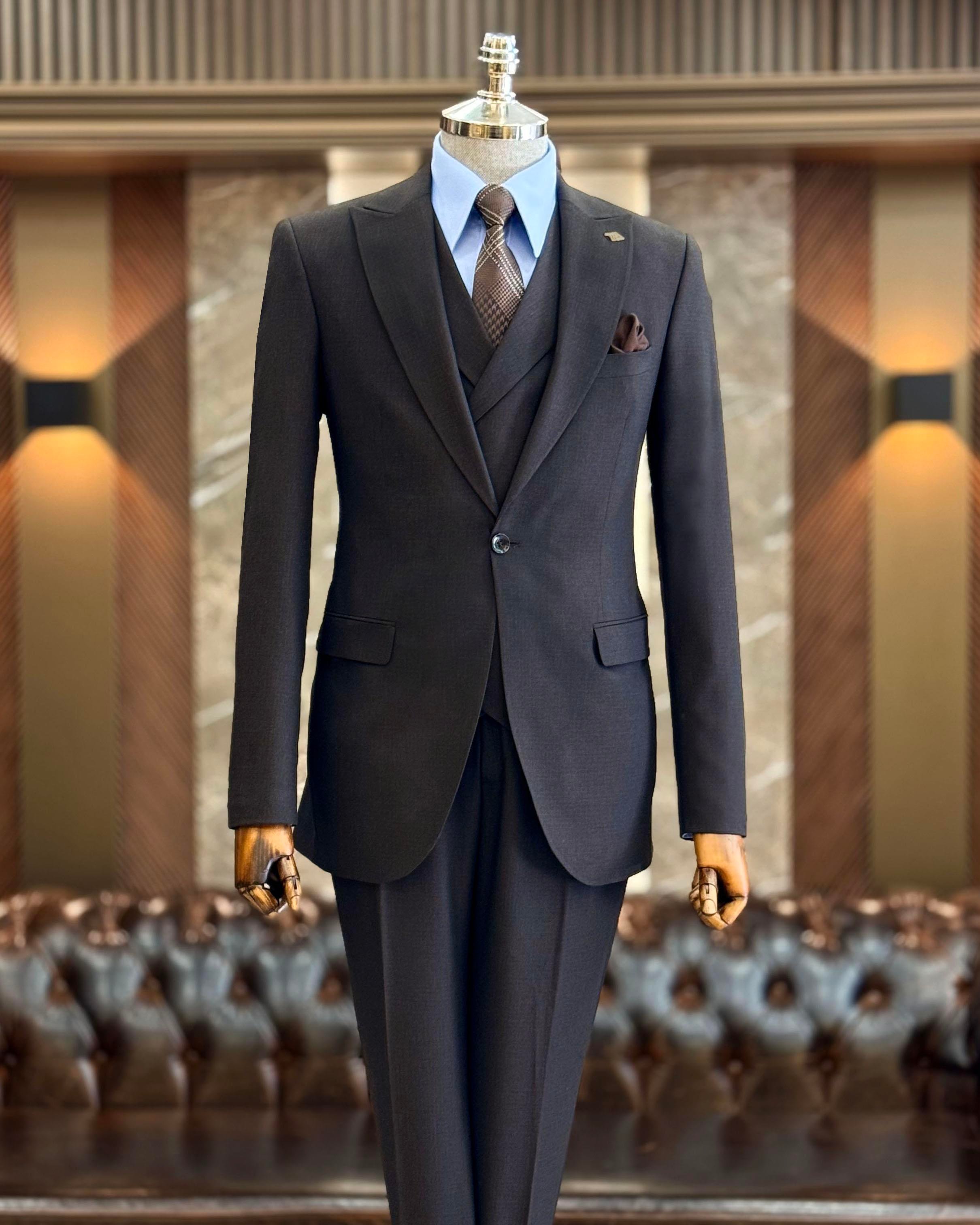 İtalyan stil slim fit erkek ceket yelek pantolon takım elbise kahverengi T10784