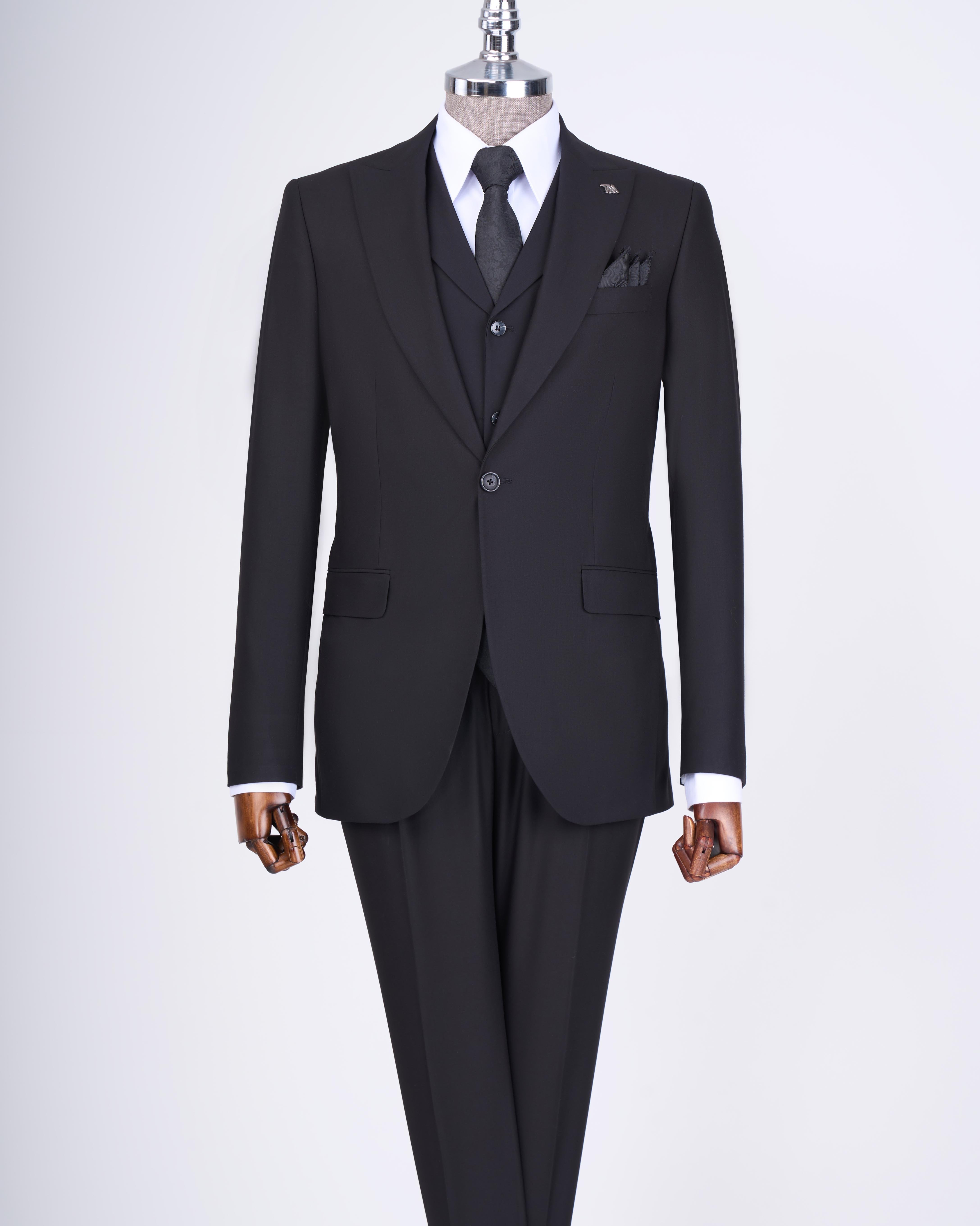 Italian style slim fit men's jacket vest pants suit black T9024