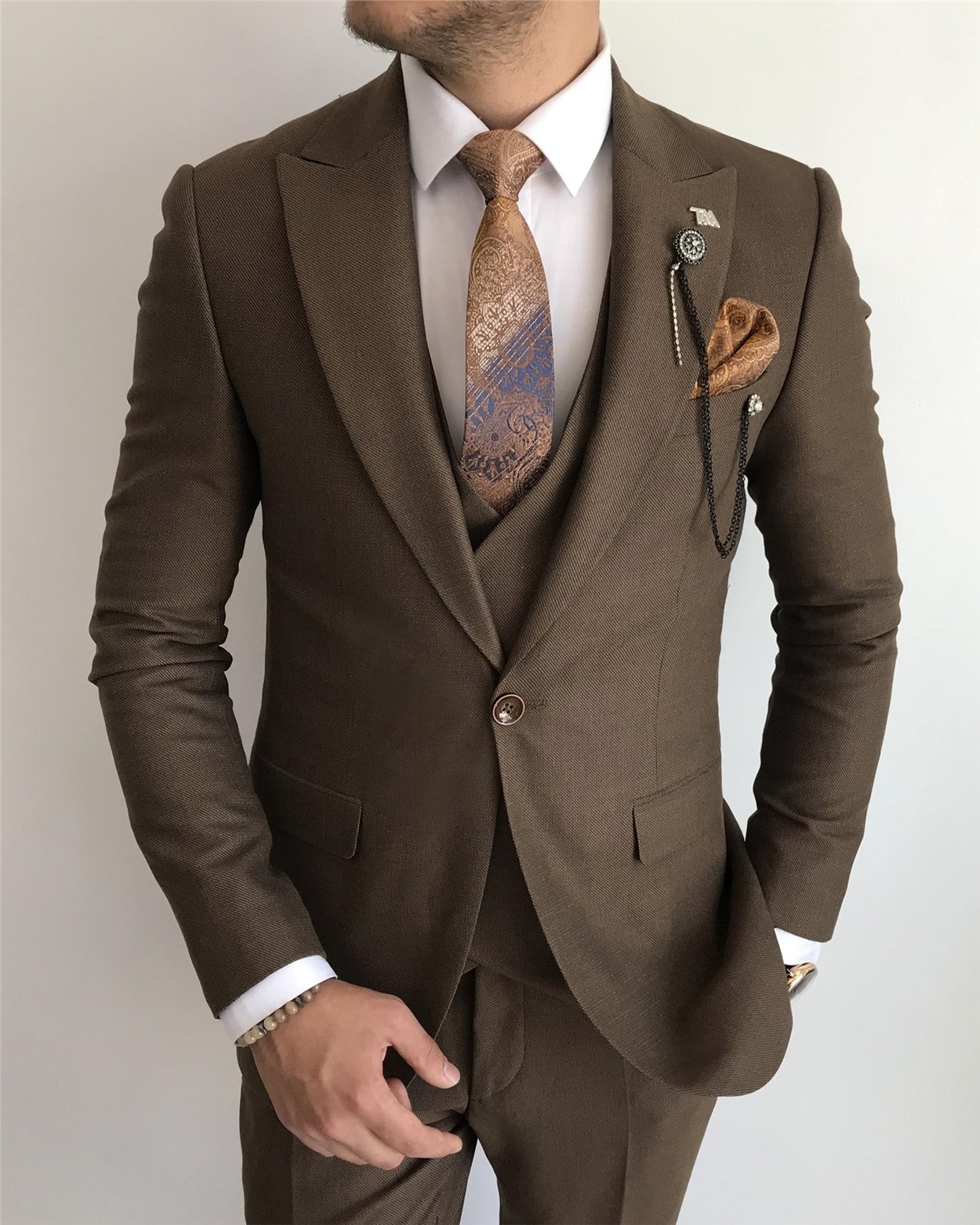 İtalyan stil slim fit erkek ceket yelek pantolon takım elbise Kahverengi T7613