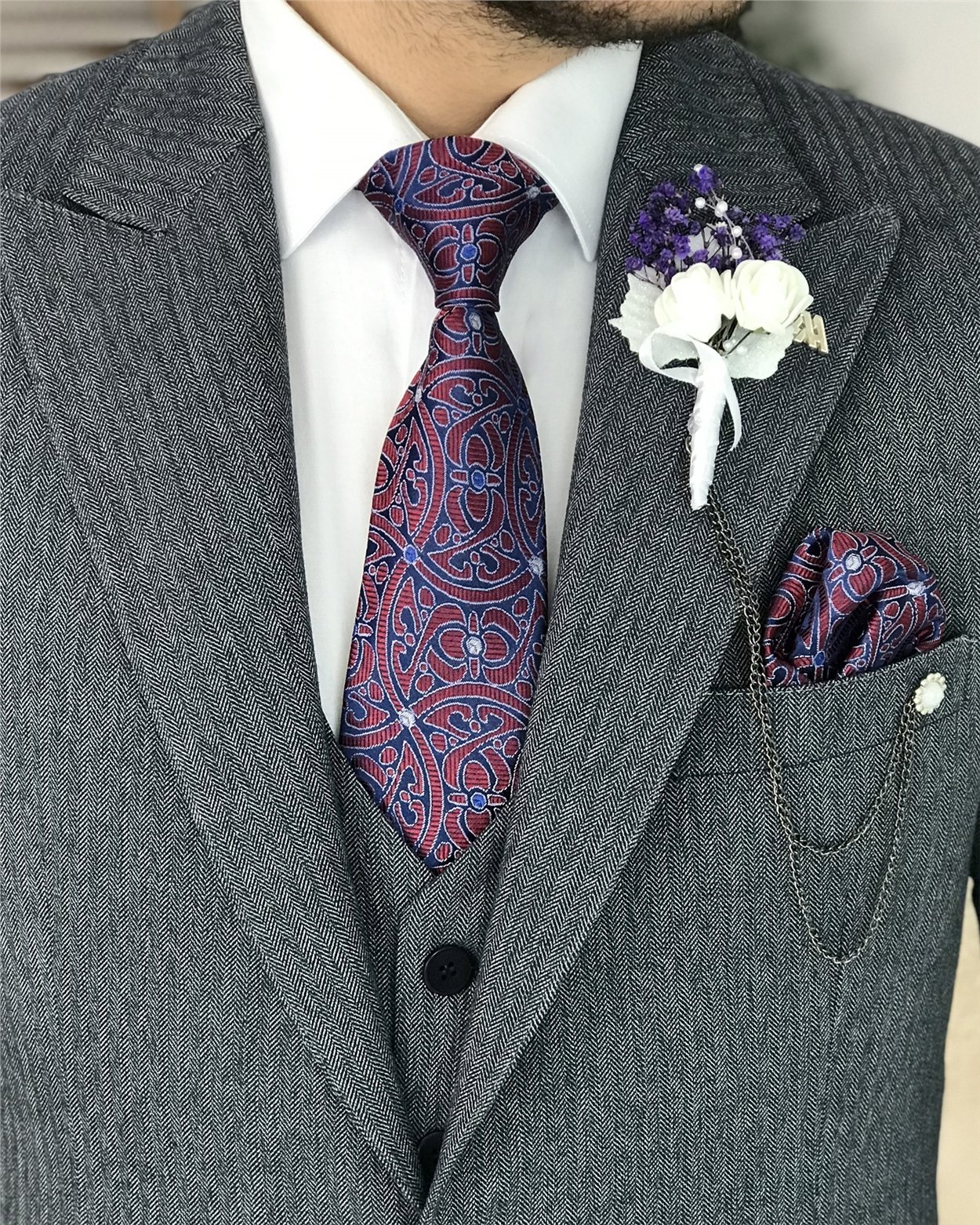 İtalyan stil slim fit erkek ceket yelek pantolon takım elbise Lacivert T8079