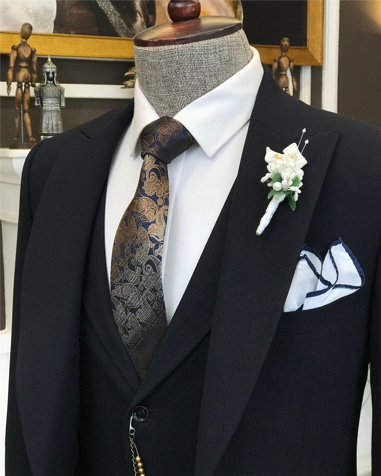 İtalyan stil slim fit erkek ceket yelek pantolon takım elbise lacivert T6646