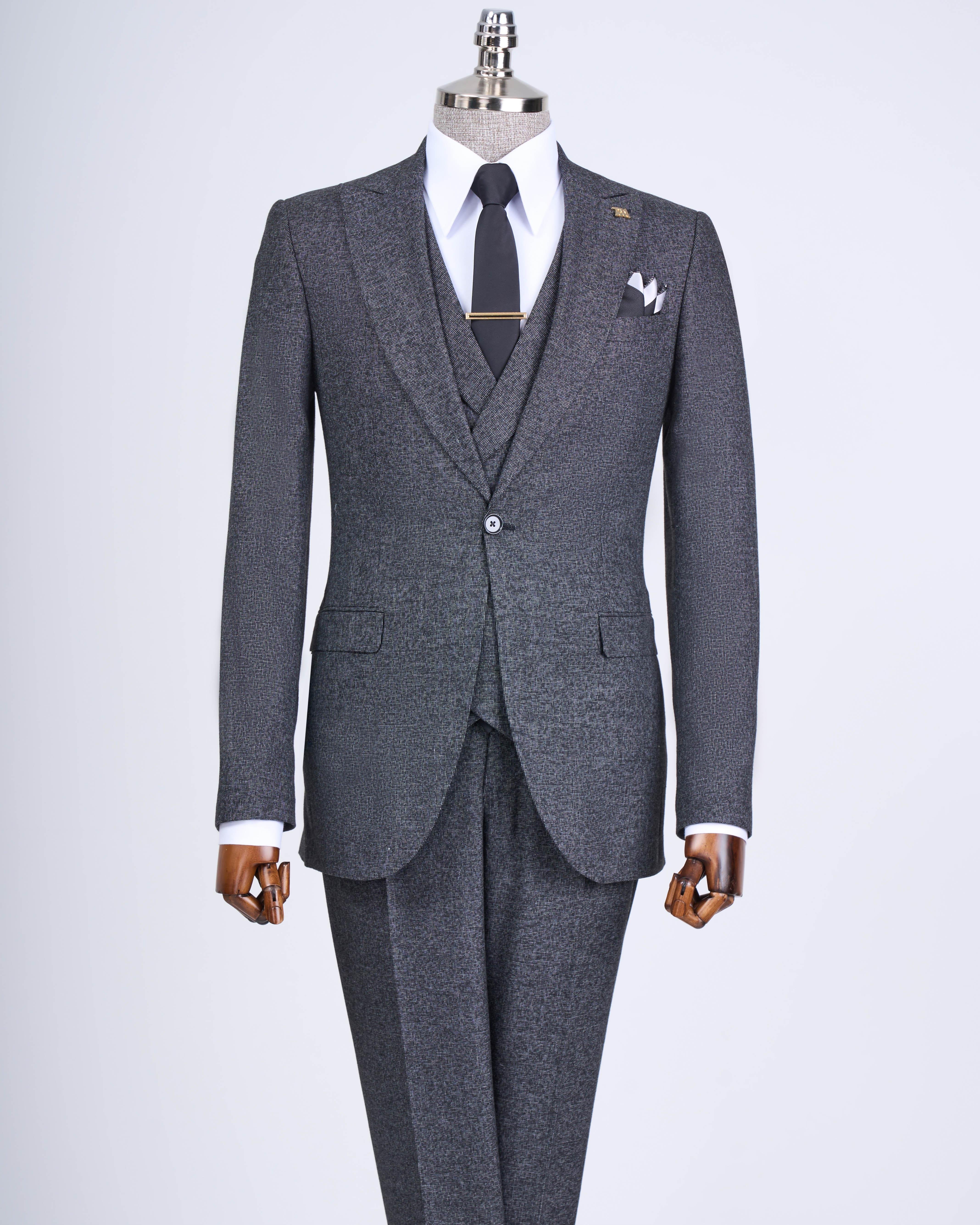 Italian style slim fit men's jacket vest pants suit black T9122