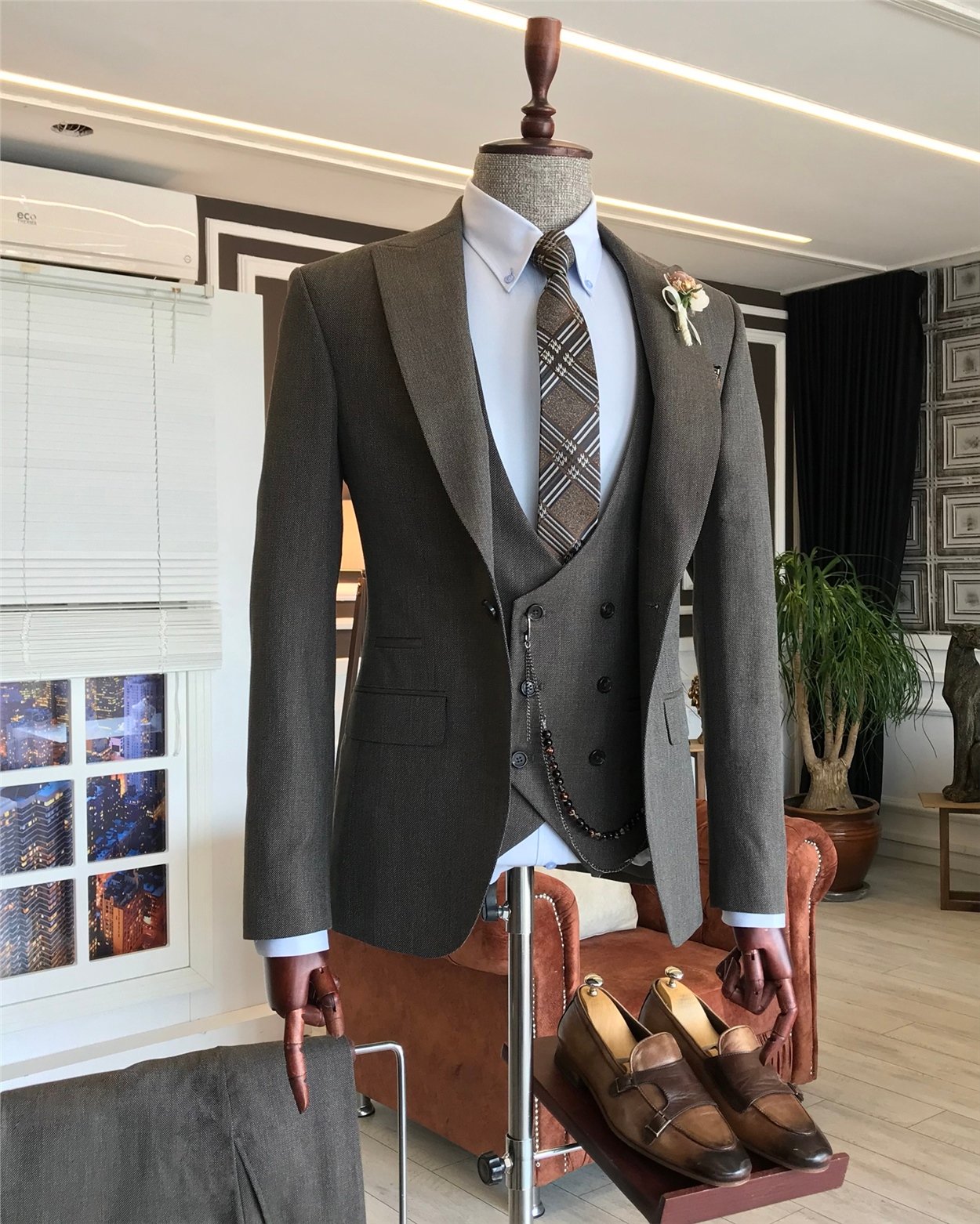 İtalyan stil slim fit erkek ceket yelek pantolon takım elbise Kahverengi T6160