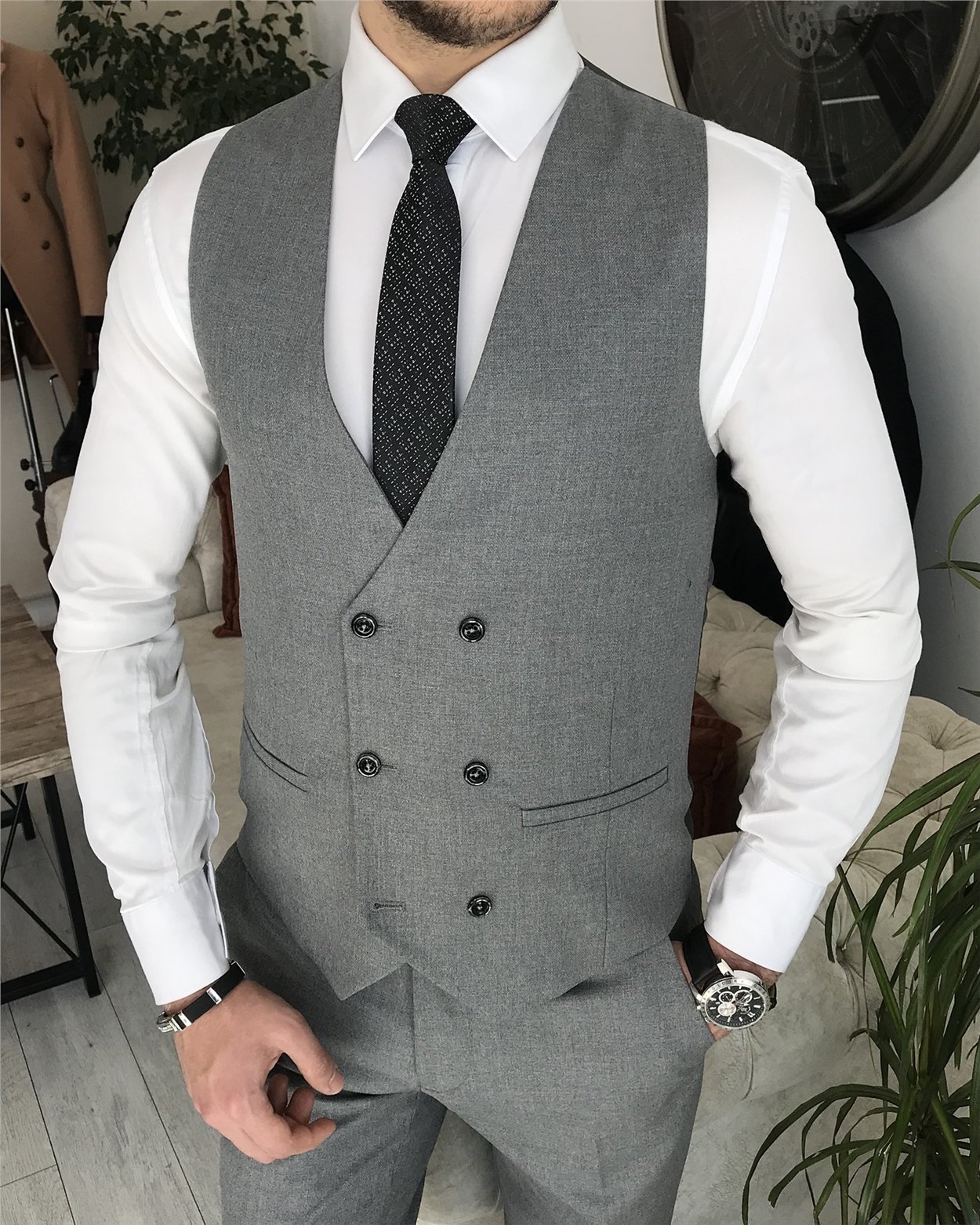 İtalyan stil slim fit erkek ceket yelek pantolon takım elbise Gri T8405