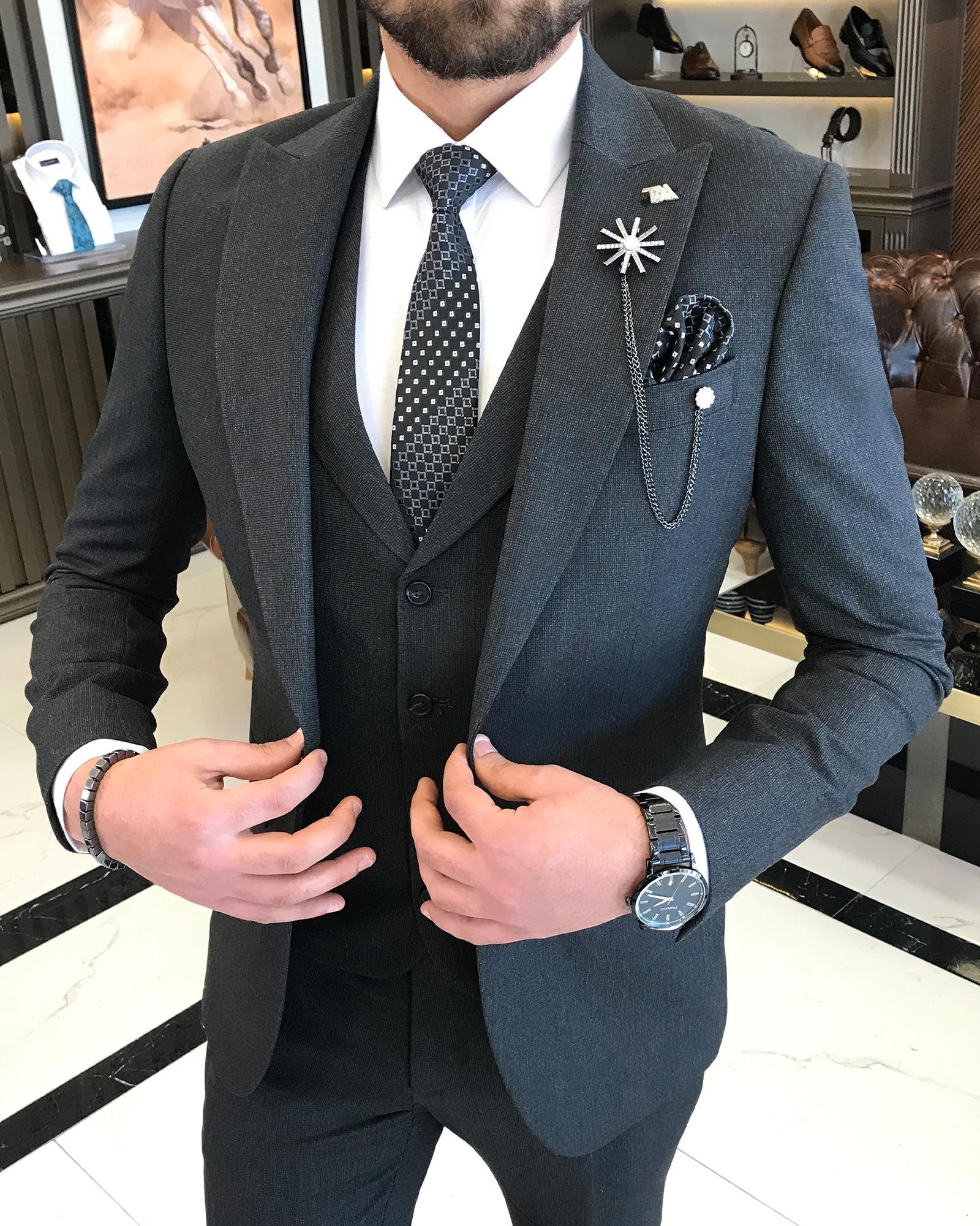Italian Style Slim Fit Men's Jacket Vest Trousers Suit Anthracit T9038