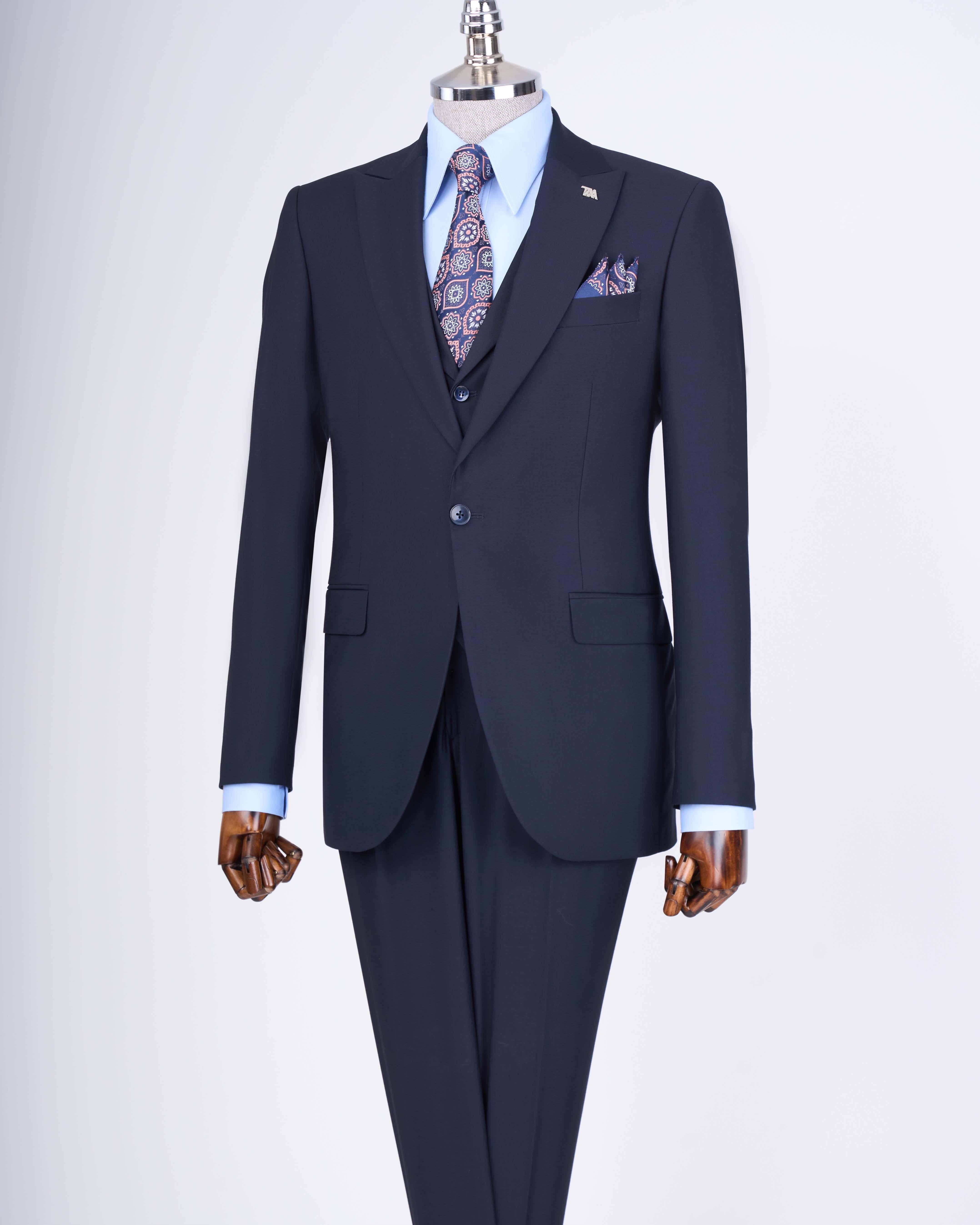 Italian style slim fit men's jacket vest pants suit navy blue T9023