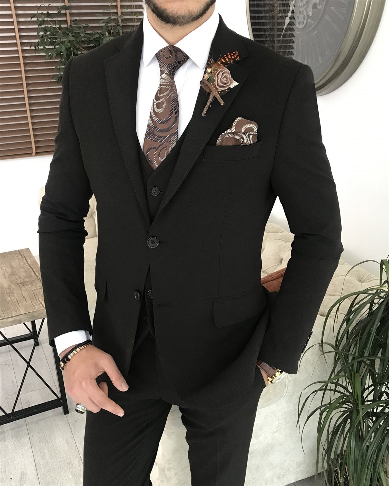 İtalyan stil slim fit erkek ceket yelek pantolon takım elbise Kahverengi T8073