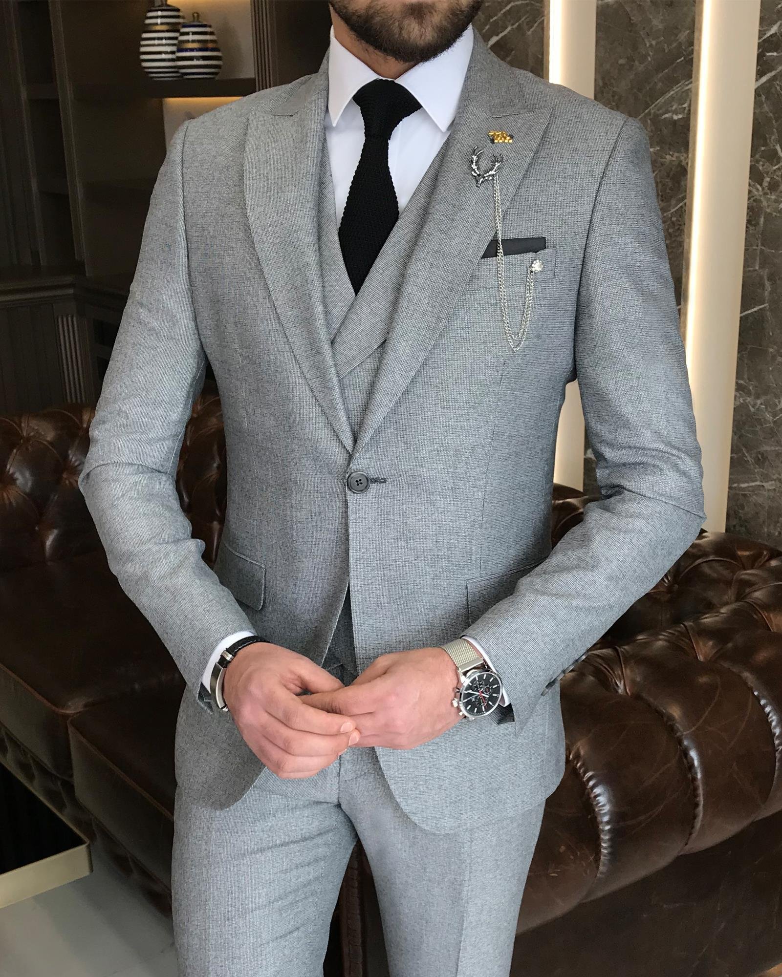 Italian style slim fit men's jacket vest pant suit black T9127
